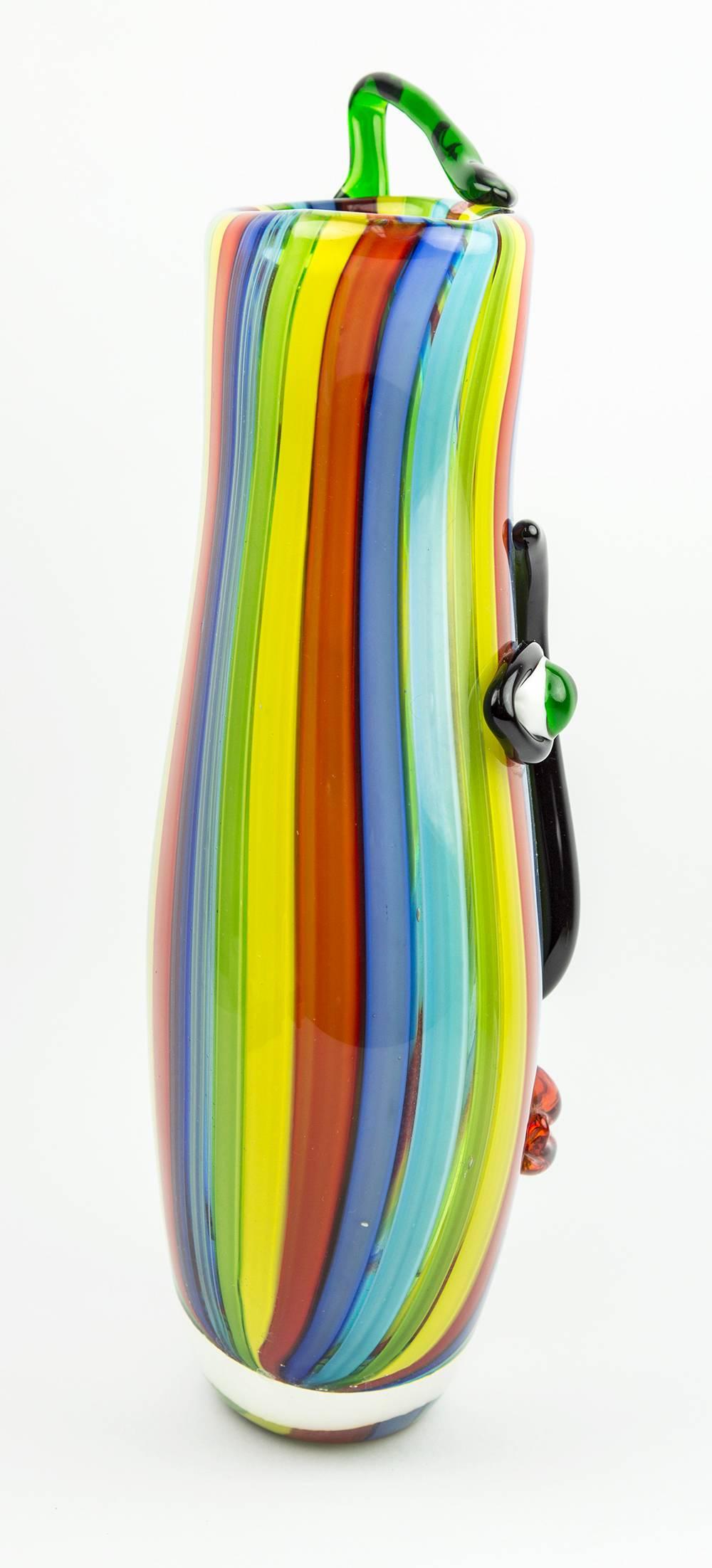 Large rare world class Picasso abstract style art glass, multicolored ‘a cane’ style strands within the clear glass, distinctive face design with outer murrine facial features and flamboyant design; Oscar Zanetti designs. An exceptional and very