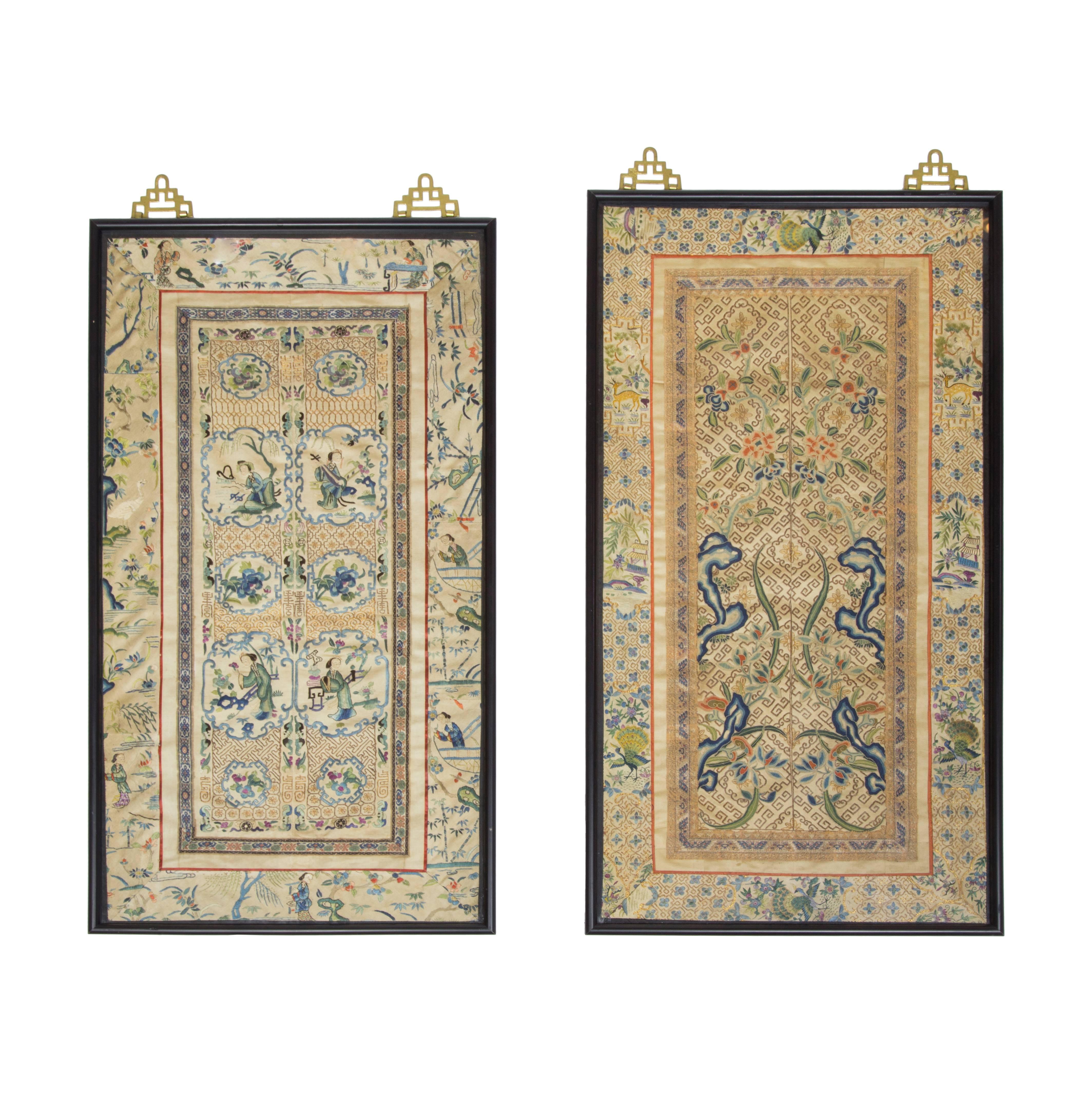 Beautiful Pair of Framed Chinese Embroidered Silk Panels, circa 1910-1920