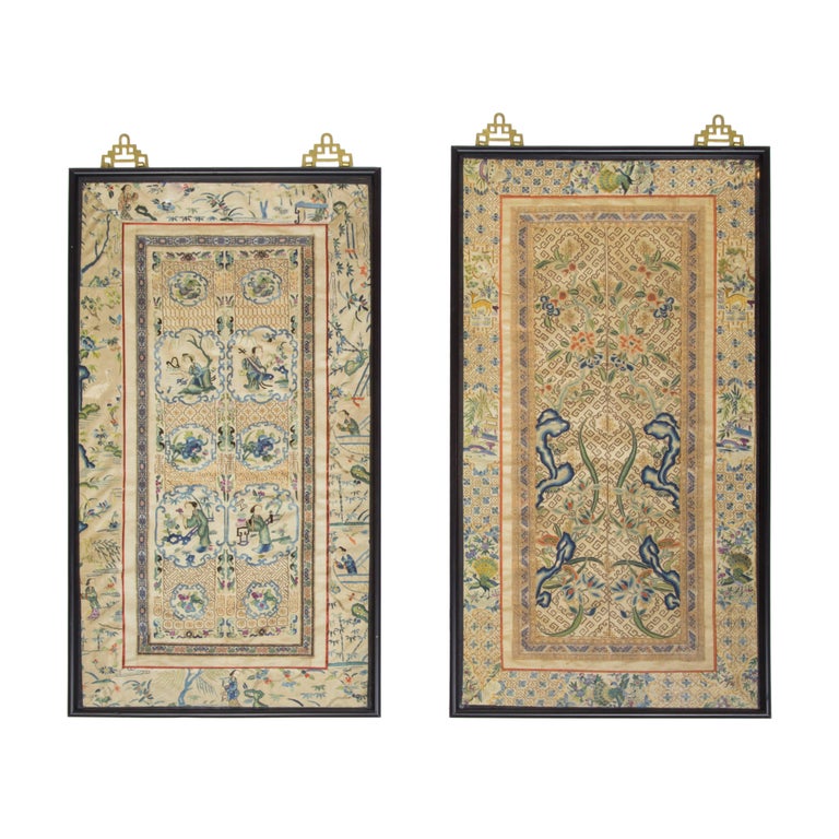 Beautiful Pair of Framed Chinese Embroidered Silk Panels, circa 1910