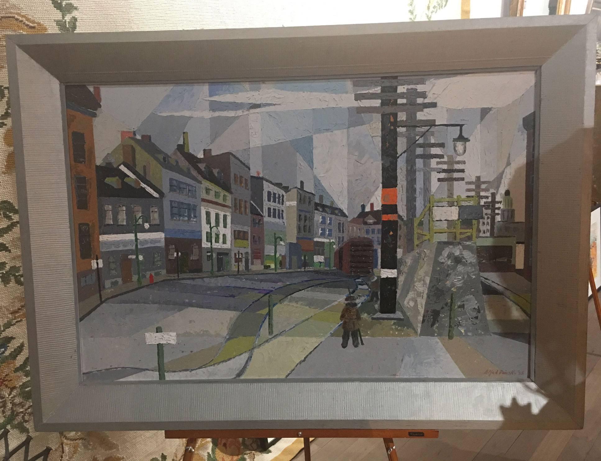 Montreal comes to life on Pinsky’s delightful painting of a Montreal street scene; Signed and dated lower right side: Alfred Pinsky 1955. Canvas size: 36” x 24”; framed size: 43” x 31”.Alfred Pinsky (1921-2000) was an accomplished 20th century