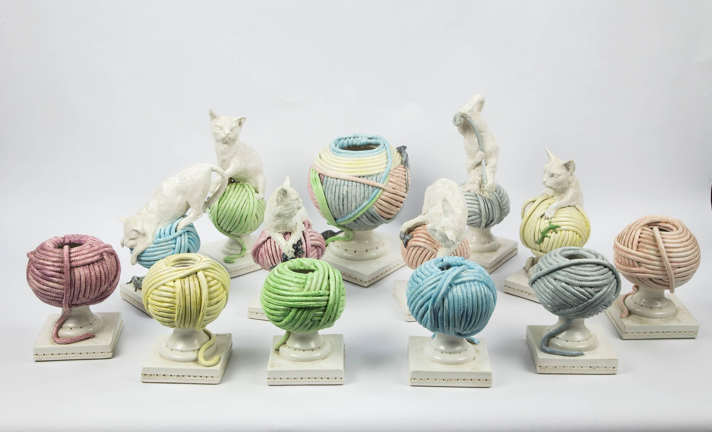 Rare Andrea Spadini Art Pottery Cat and Balls of Yarn Vase Sculptures 2
