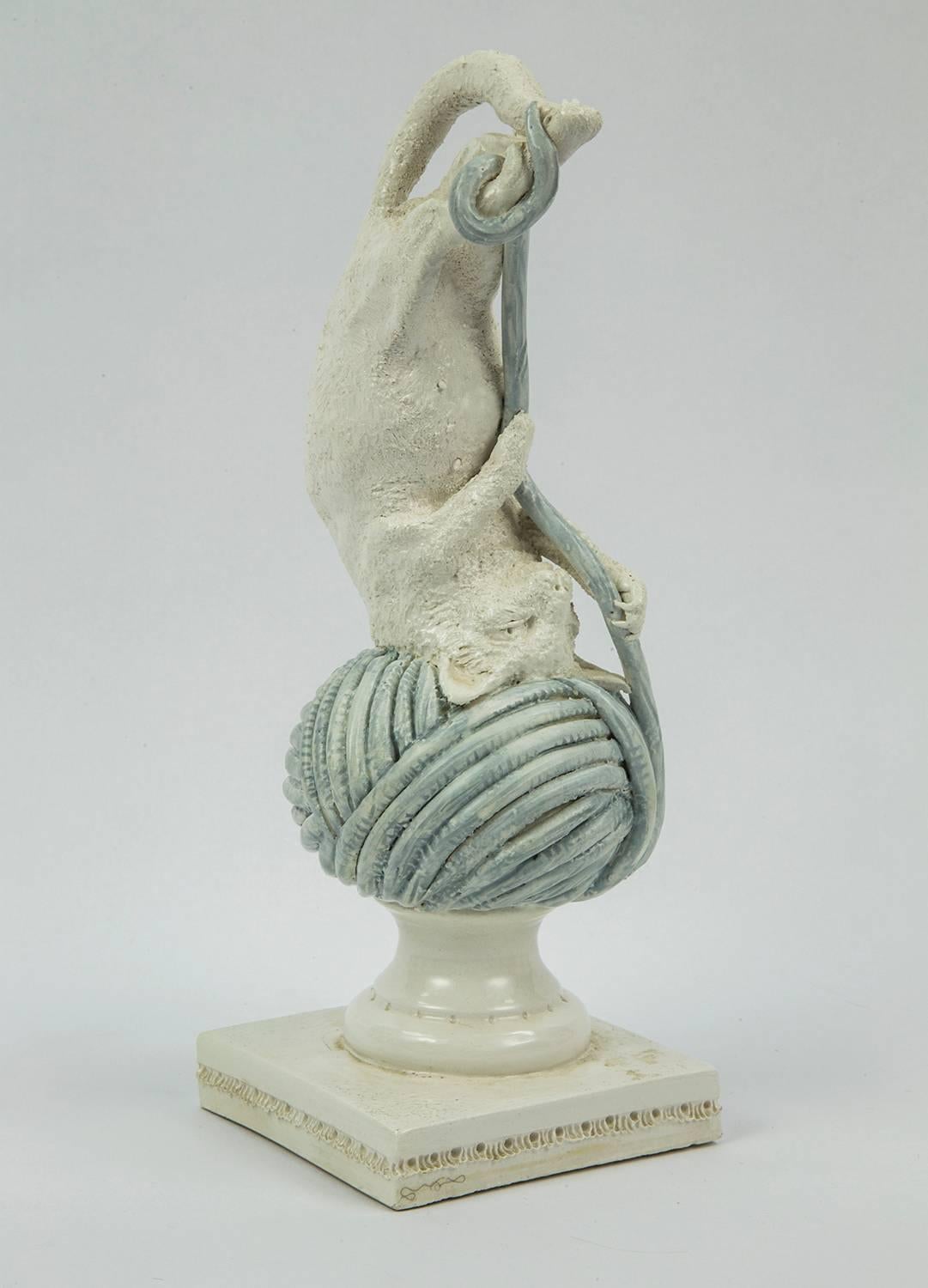 Mid-Century Modern Rare Andrea Spadini Art Pottery Cat and Balls of Yarn Vase Sculptures