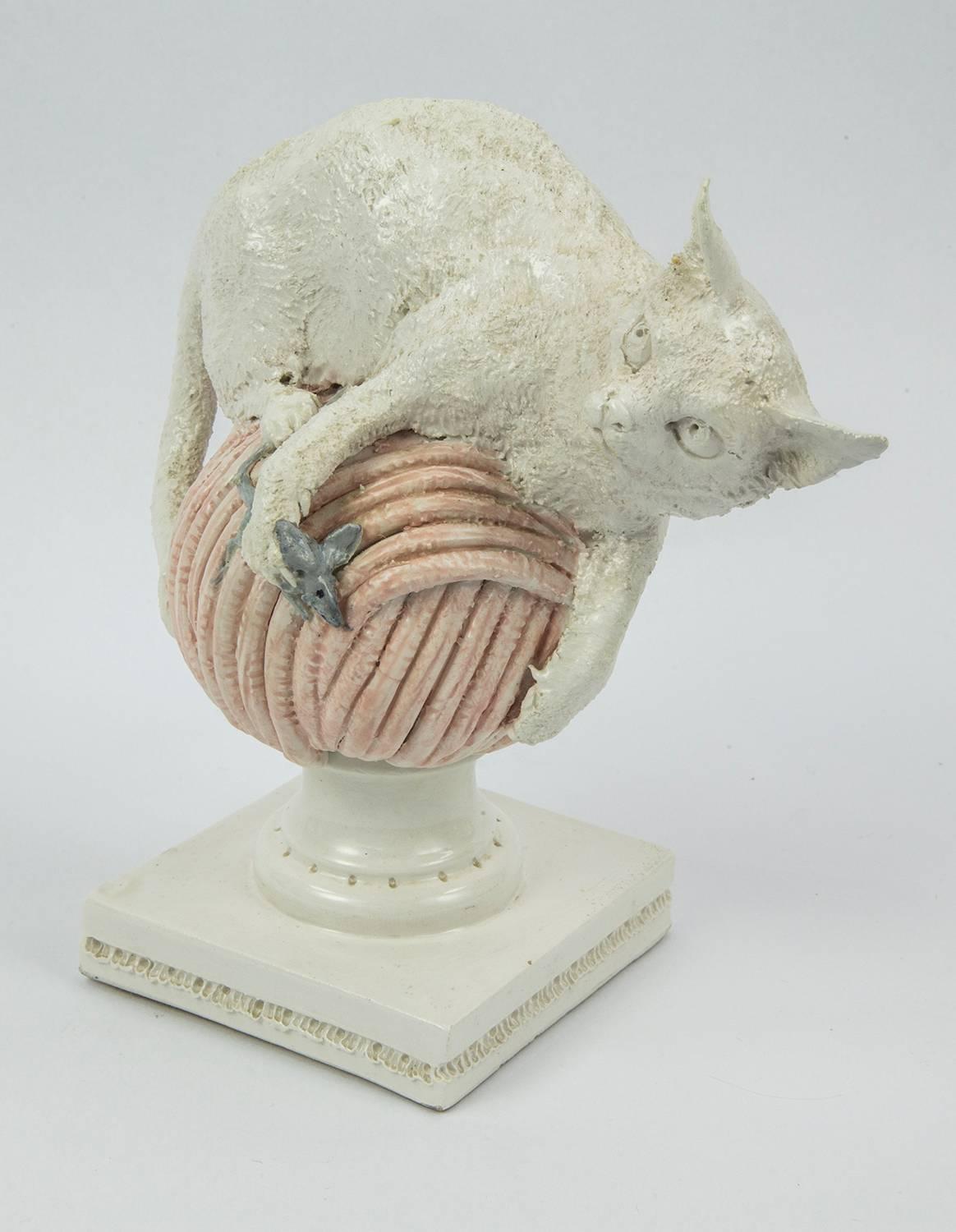 Italian Rare Andrea Spadini Art Pottery Cat and Balls of Yarn Vase Sculptures