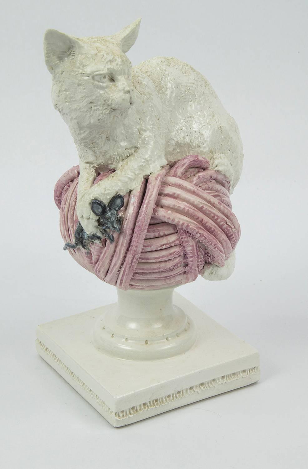 Mid-20th Century Rare Andrea Spadini Art Pottery Cat and Balls of Yarn Vase Sculptures