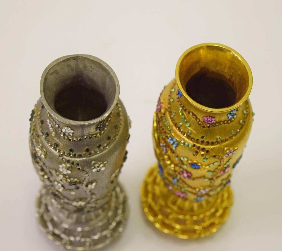 Awesome and unique vintage Judith Leiber Asian holiday vases, beautifully decorated with bird and flower motifs and adorned with multicolored crystals. The vases measure 5.75