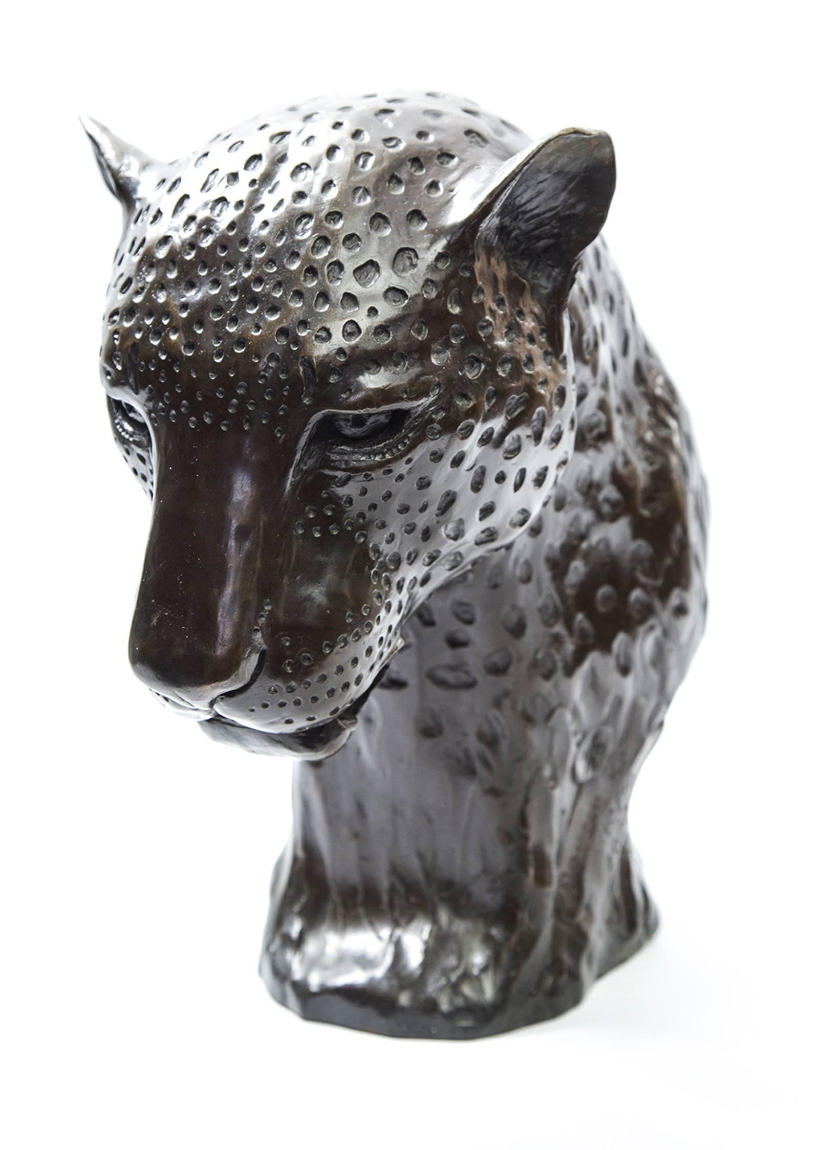 Modern Bronze Leopard Head Sculpture Donald Greig Rare