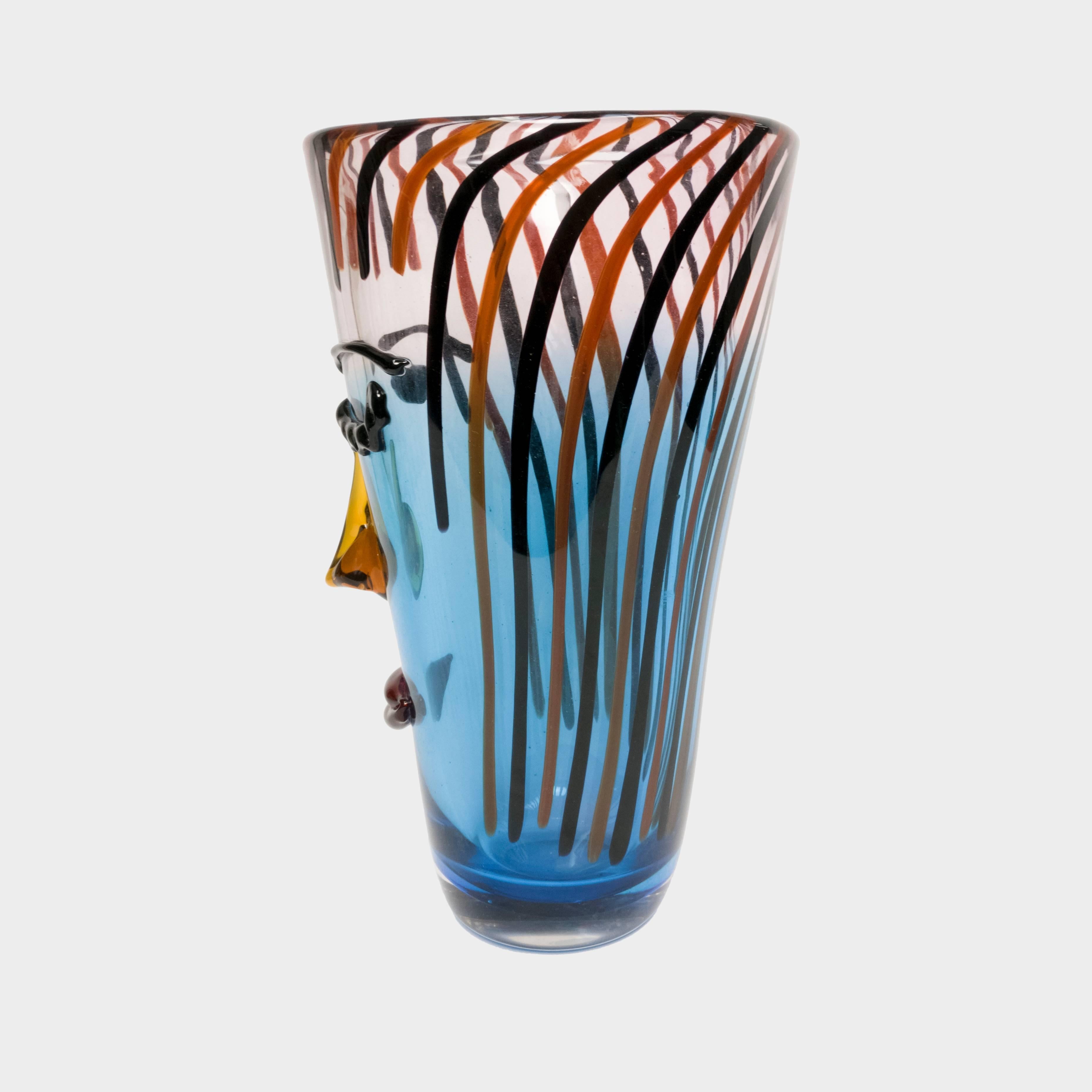 Stunning Murano abstract portrait face vase blown art glass in 3D, highly decorative and splendidly designed glass vase, front depicts the face of a flirtatious young woman, Italian; Signed with sticker ~ Murano Cristalleria Stile D'Arte. Measures