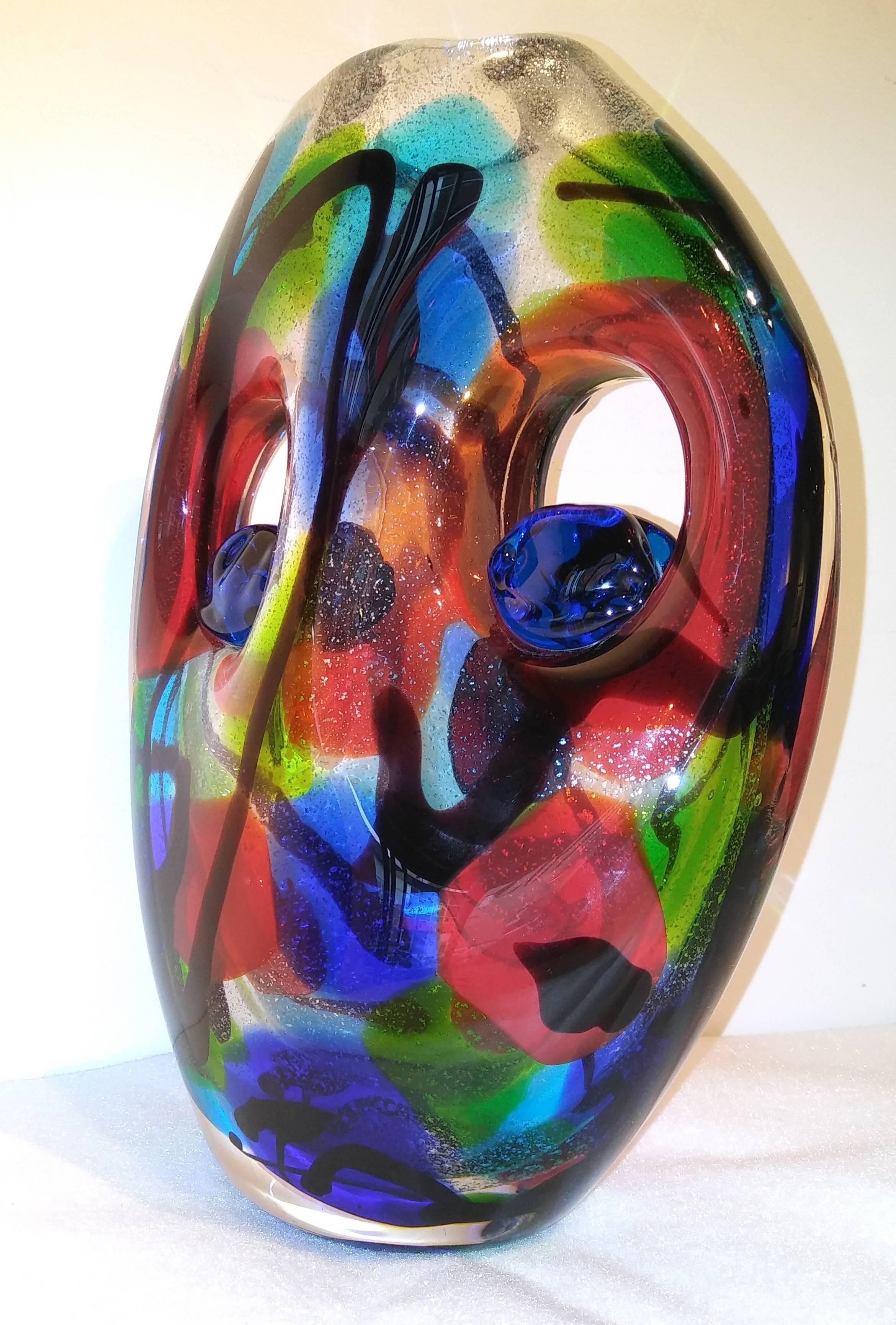Italian  Large Murano Multi Sommerso Art Glass Two Face Vase