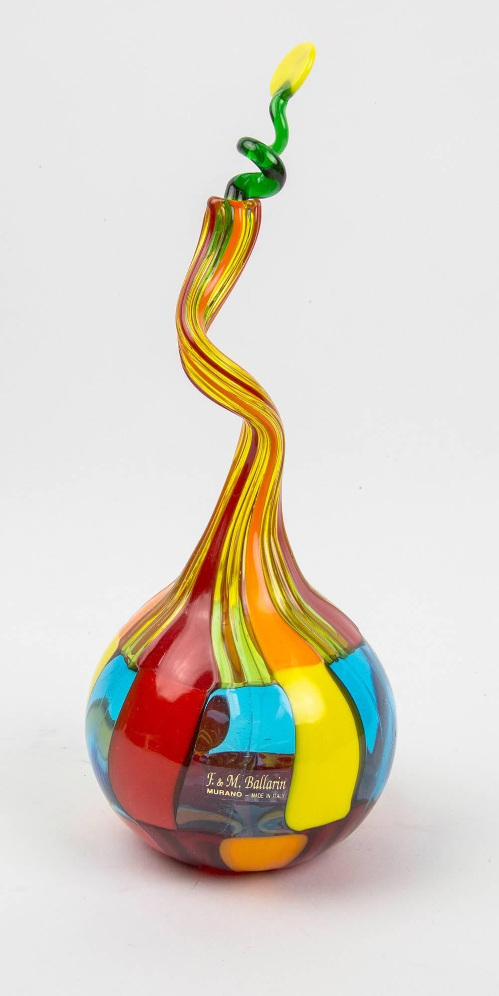 Fabulous Murano patchwork Murrine Pezzato design by Ballarin; very much in the same style of Fulvio Bianconi Venini. The decanter vase is signed with original label: F. & M. Ballarin Murano made in Italy. Approximate size: 9.5”=24cm high, including