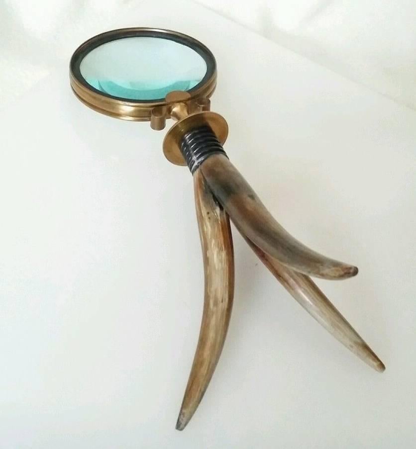 Mid-Century Modern Distinctive Brass Magnifier on Tripod Horn Legs