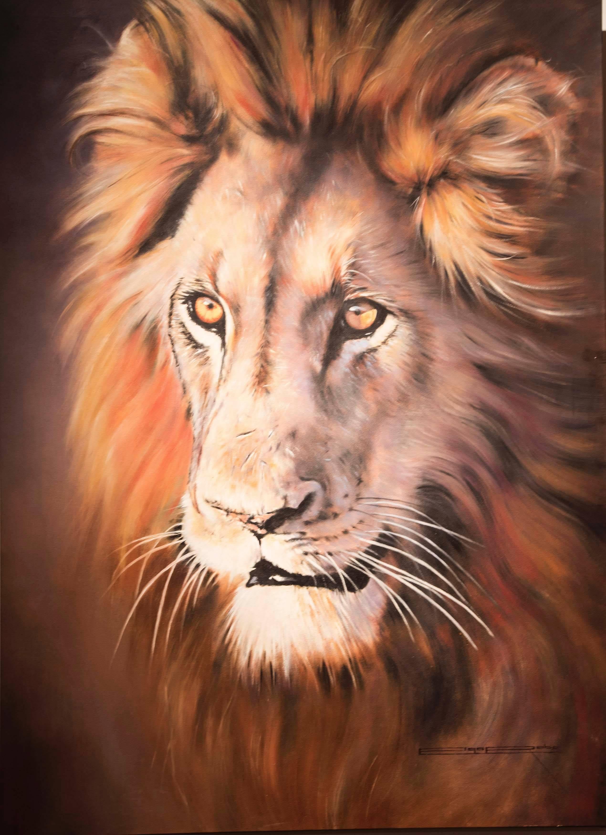 Modern Magnificent African Lion Oil on Canvas Portrait by Elga Rabe