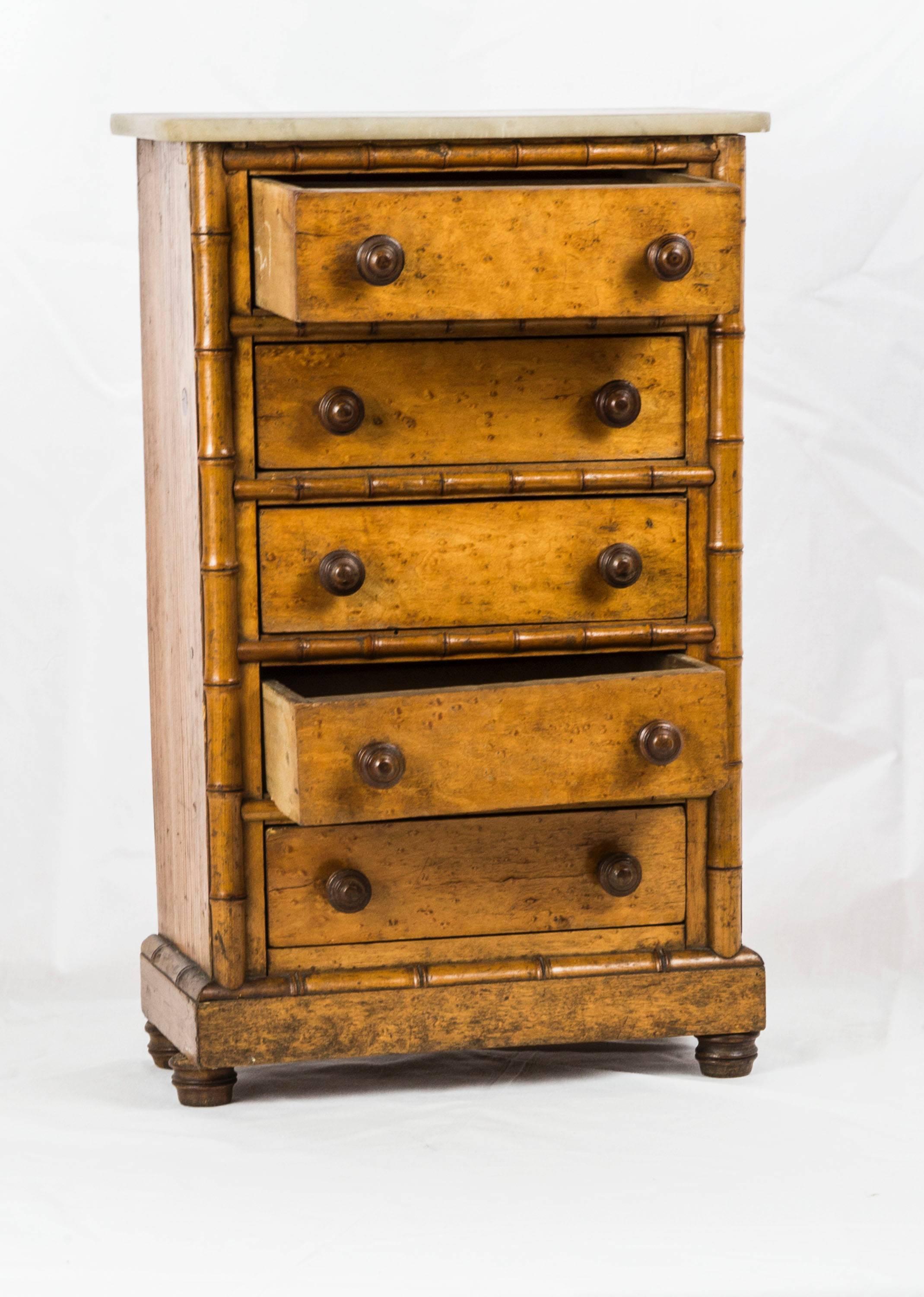 Aesthetic Movement Doll's Marble-Top Bird's Eye Maple and Faux Bamboo Highboy Furniture, France