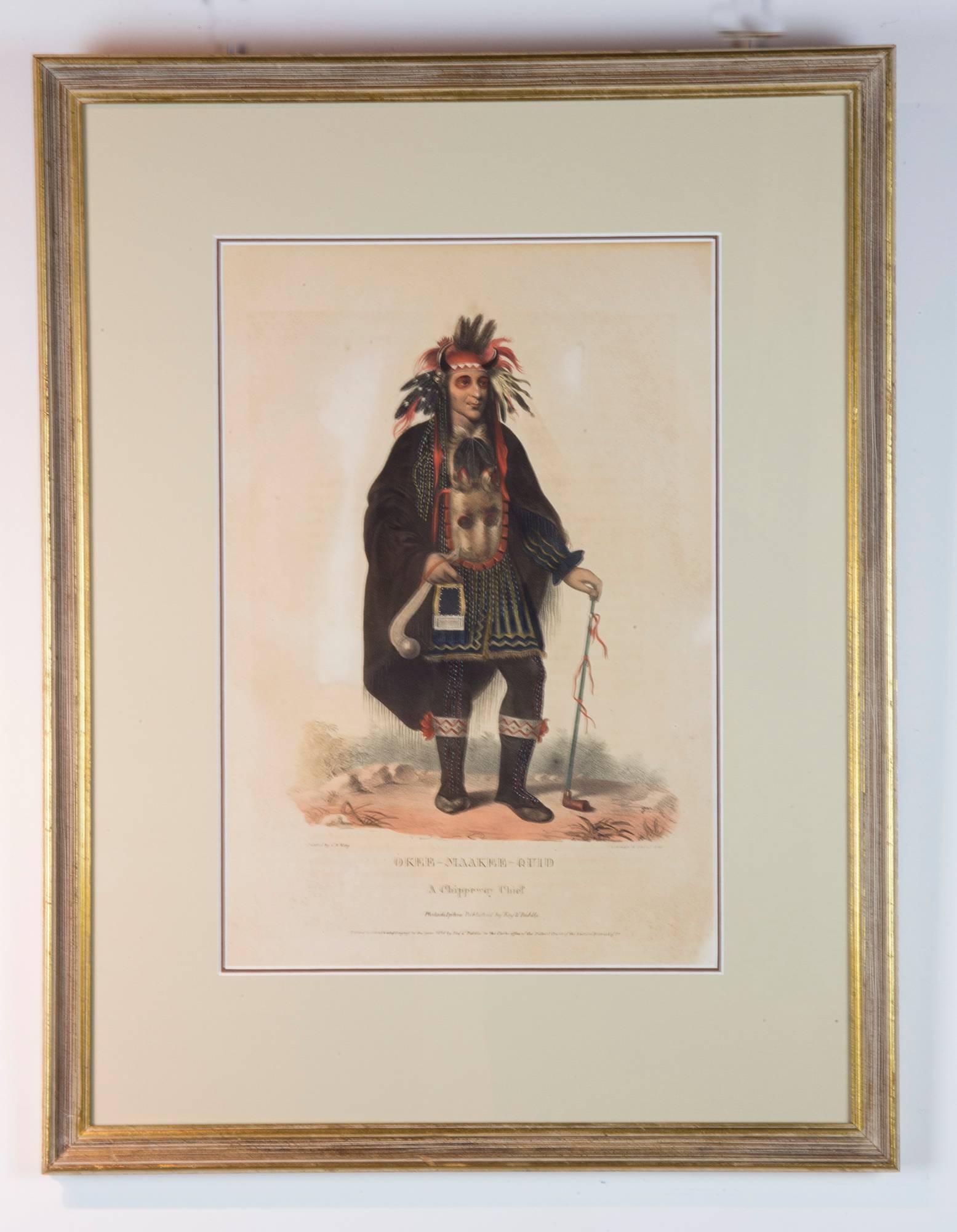 Pair of folio size original hand colored lithographs of American Indians, created by Thomas McKenney and James Hall based on oil paintings by Charles Bird King(1785-1862) for their three volume set ''History of the Indian Tribes of North America''