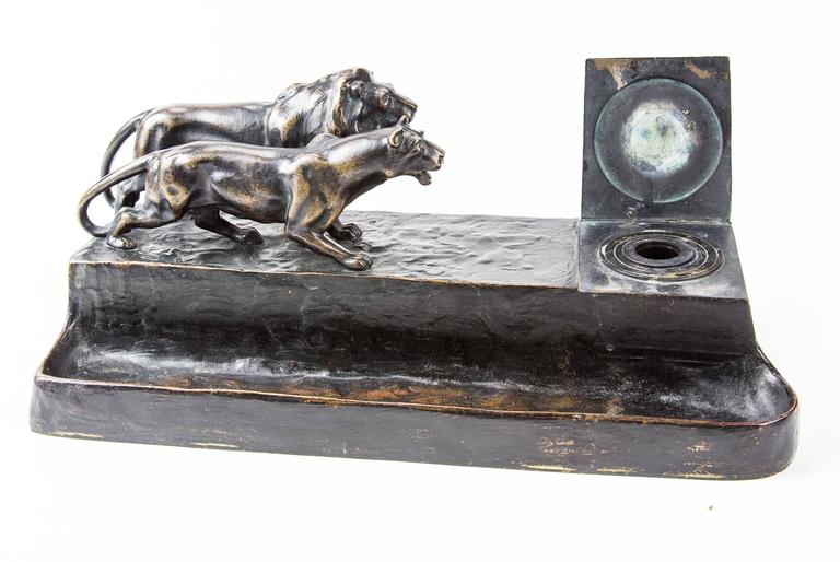 Art Deco Austrian Bronze Lion and Lioness Inkwell Desk Stand Signed F