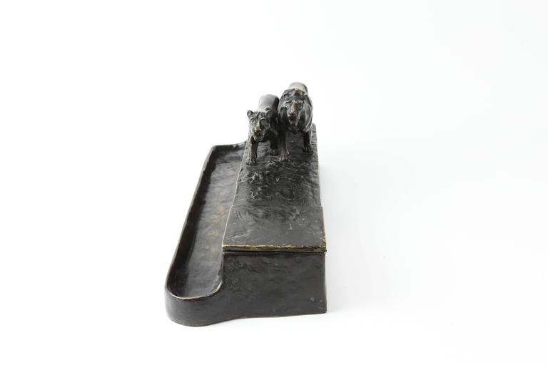 Art Deco Austrian Bronze Lion and Lioness Inkwell Desk Stand Signed F