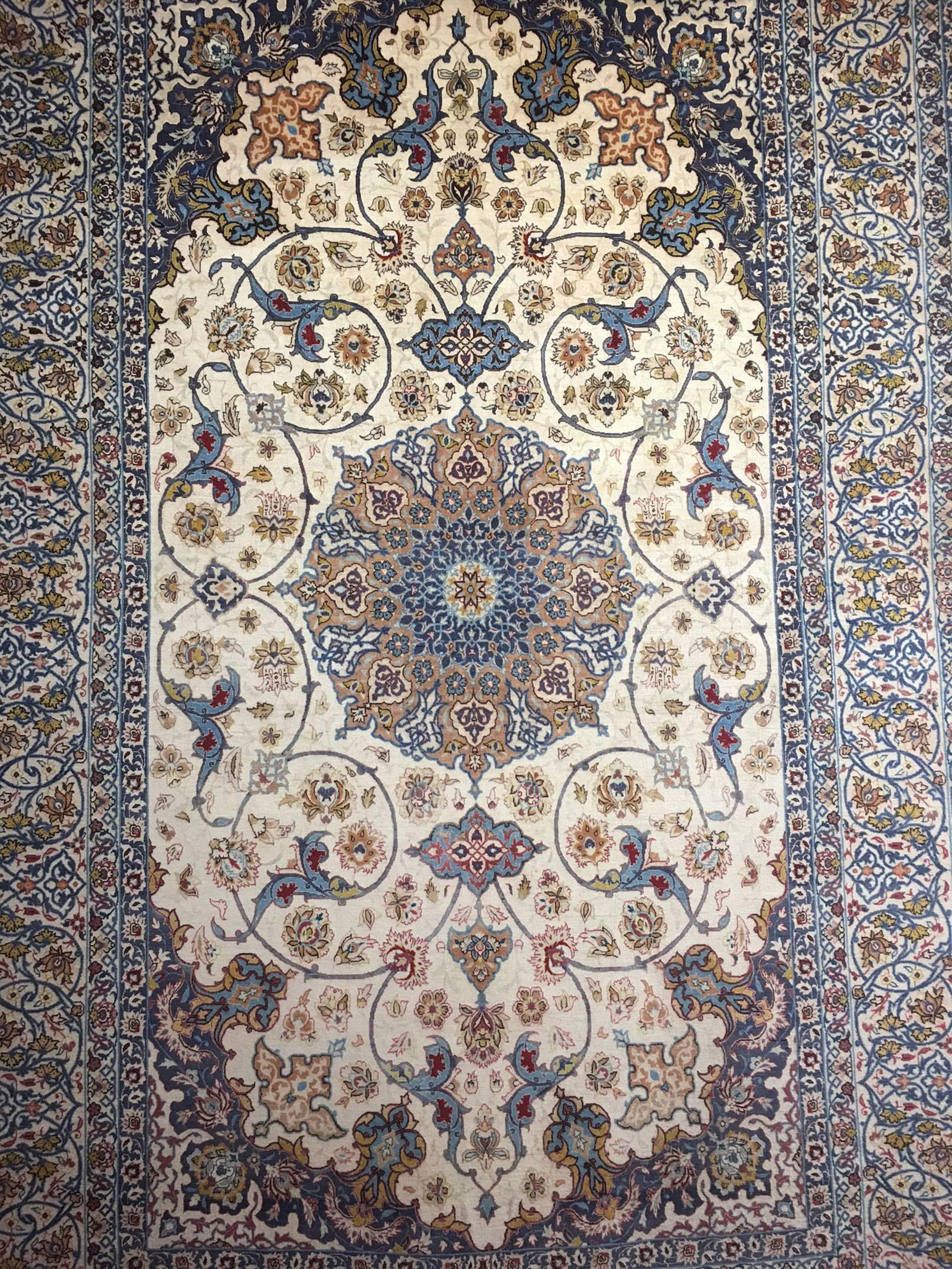 Fabulous Persian Isfahan rug carpet; finely woven; kork wool; silk foundation, Measures: 5' x 8', circa 1940s. The Persian word Kork means soft down. This expression is used for particularly fine and soft wool for very high quality rugs, especially