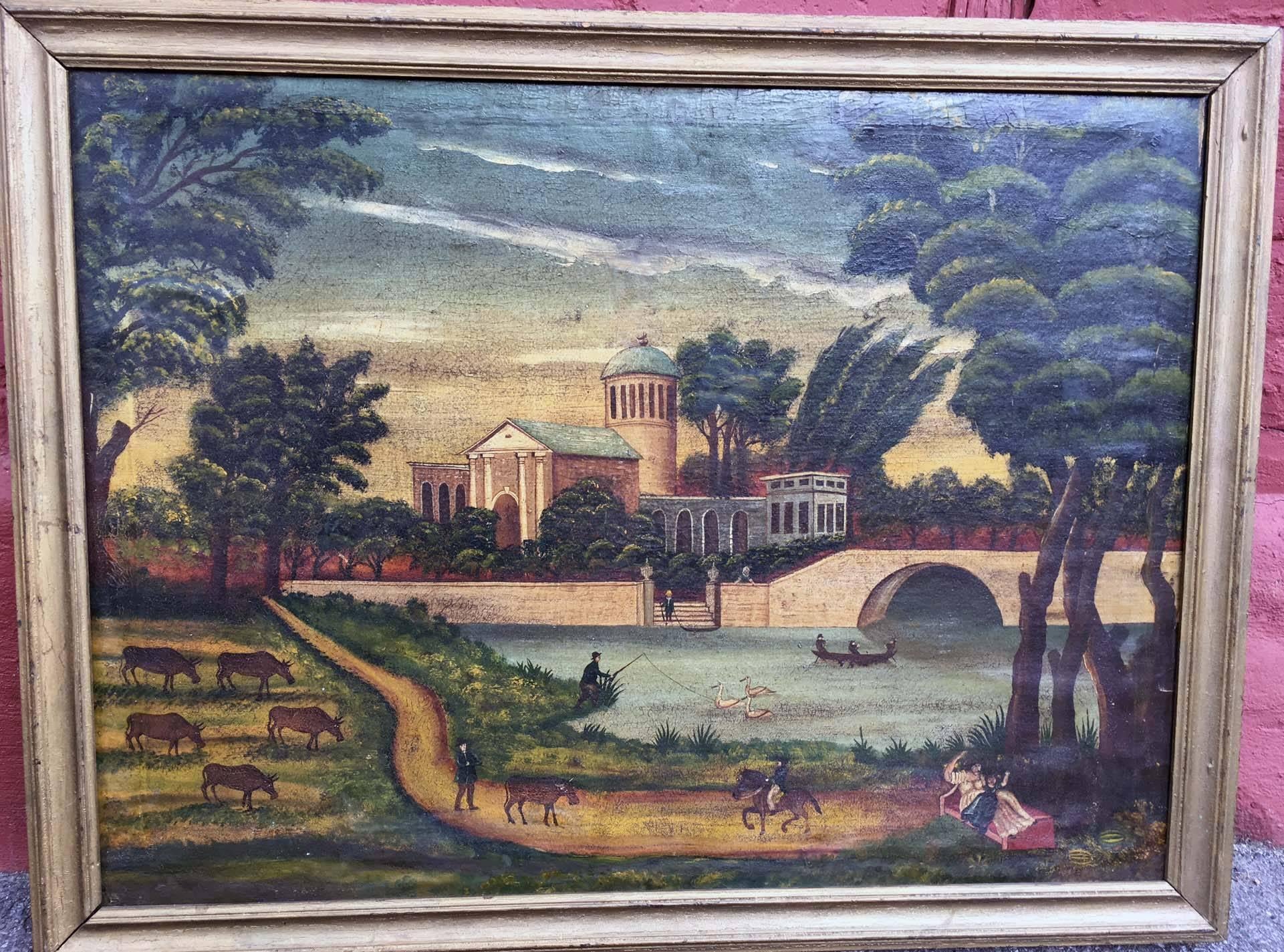 An 18th century naive landscape, in the middle ground is a neoclassical structure and round tower, the forerground with an extensive landscape depicting cows grazing, an angler, and a broad river scene, with a mother and daughter on a daybed.