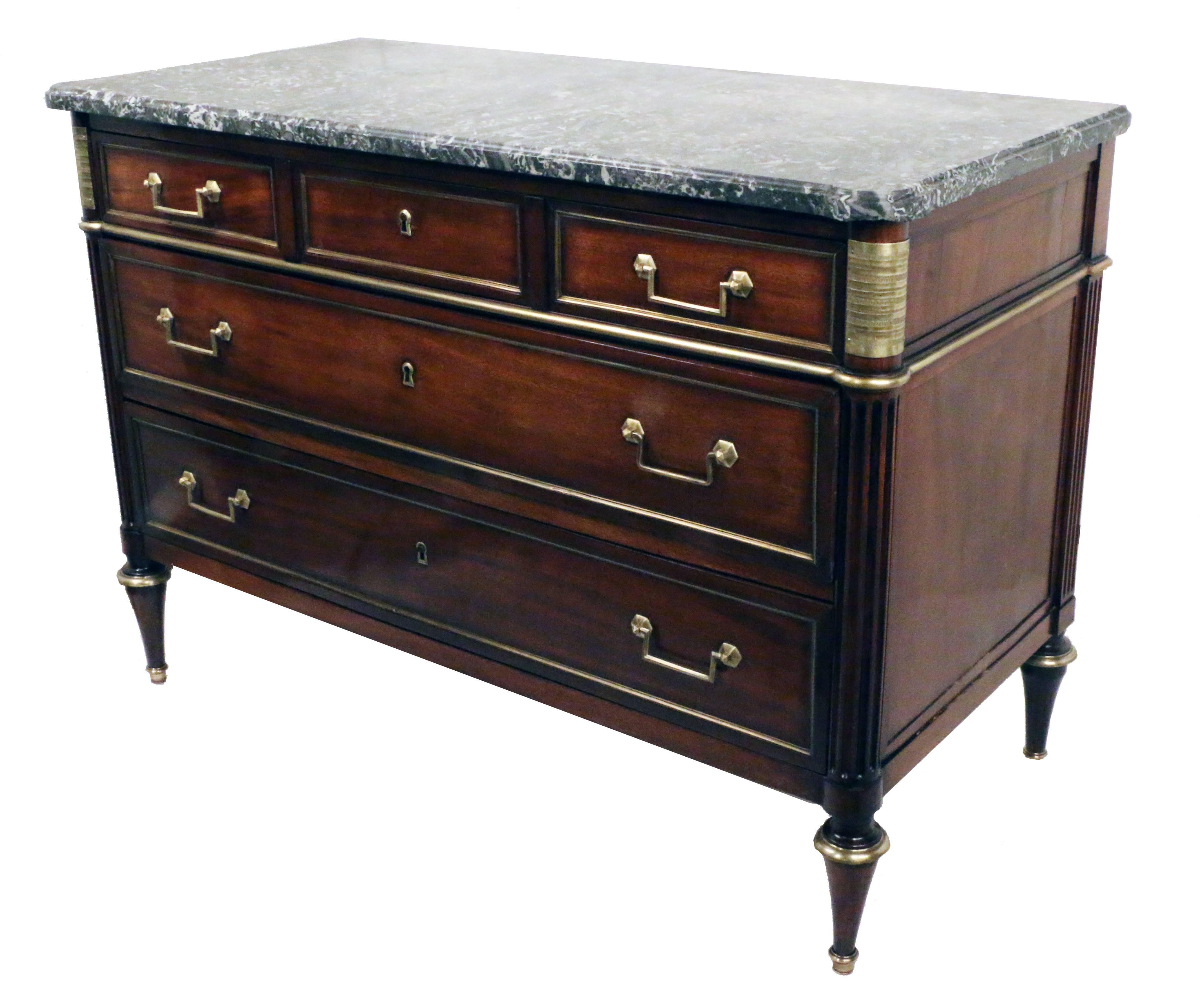 This commode is remarkable for its originality. it seems to be entirely  as it was made in the late 18th century.. The top drawer which appears to be three short  drawers is actually one long one. The beveled St Anne marble top is original too. The