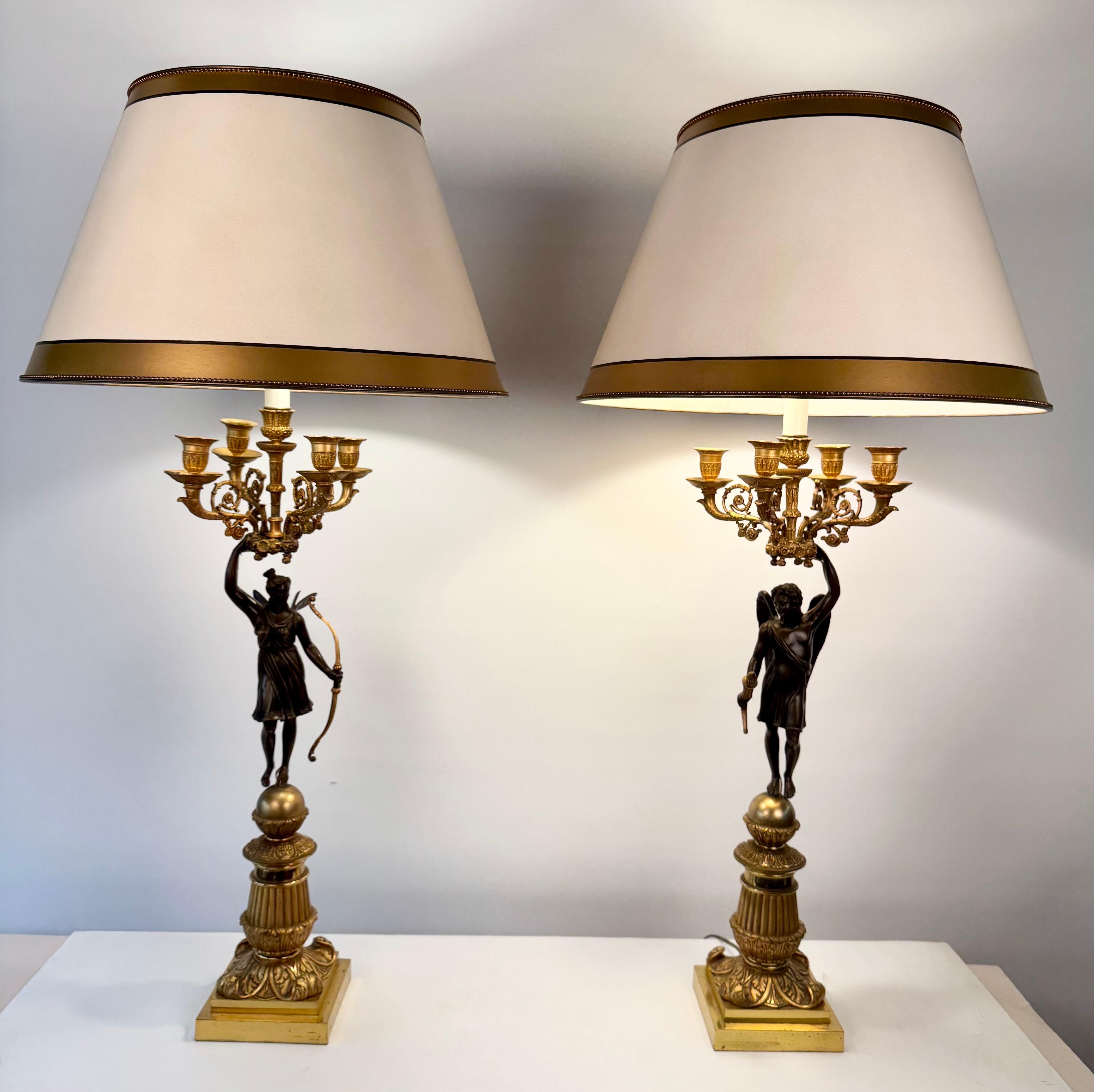 French Pair of Empire Period 5 light  Figural Bronze Candelabra For Sale