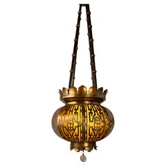 Antique Brass Lantern, Hand-Crafted Fretwork, Amber Glass, USA, 1920
