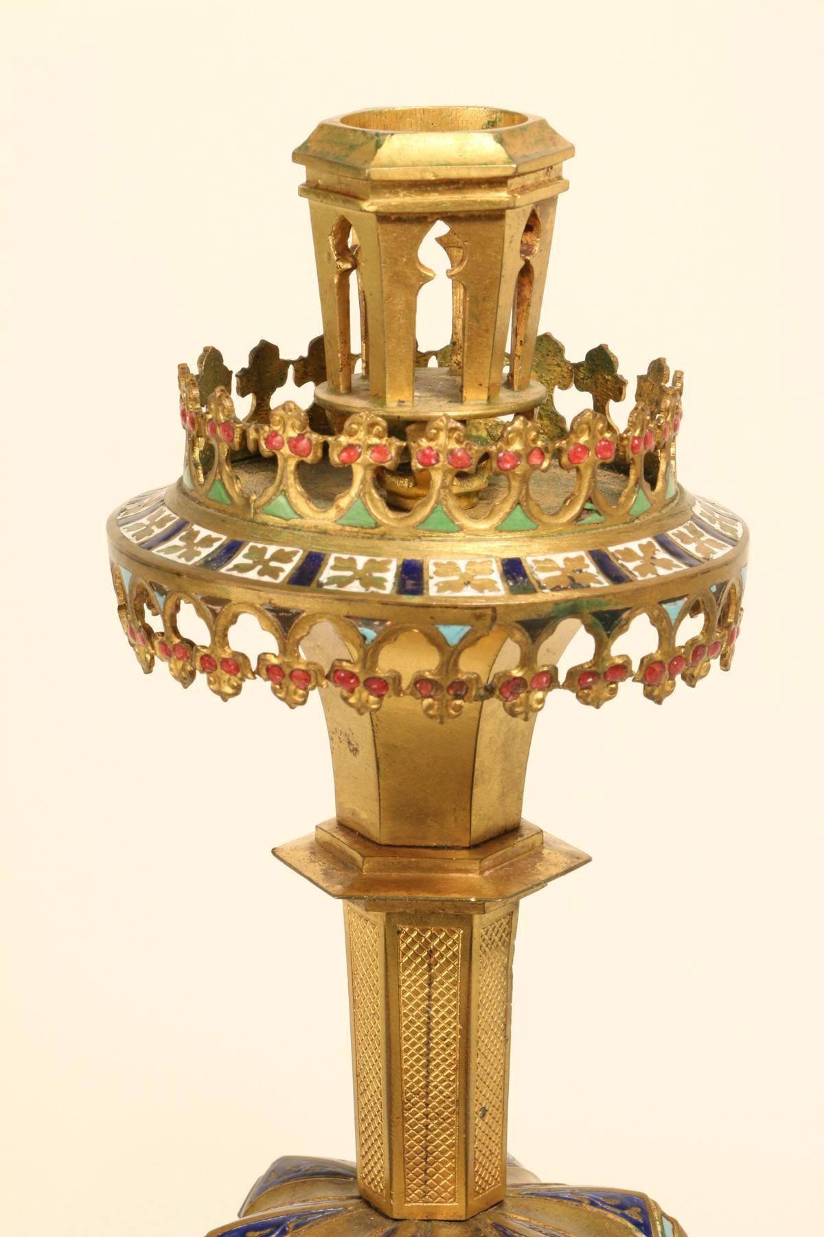 Medieval Pair of Neo-Gothic Gilt and Enamel Candlesticks