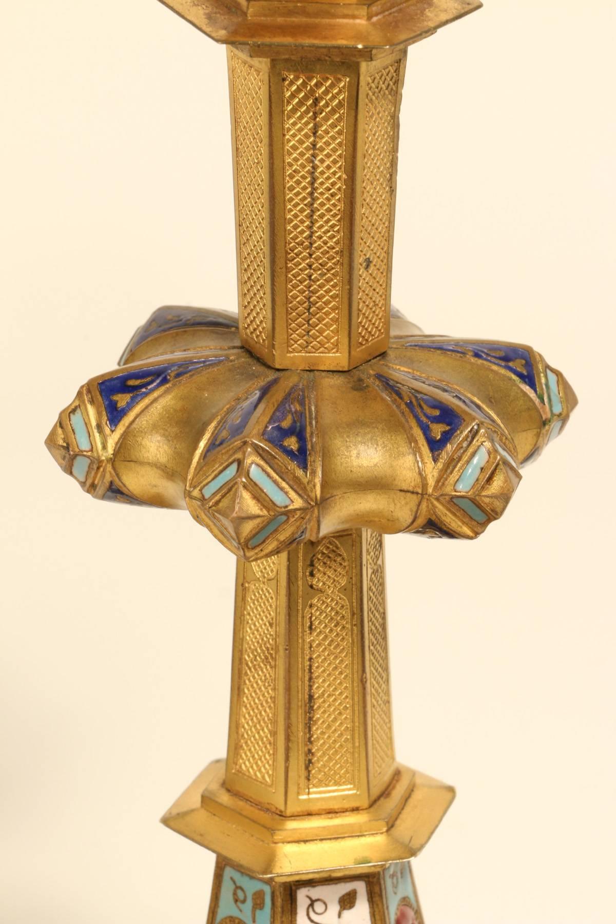 English Pair of Neo-Gothic Gilt and Enamel Candlesticks