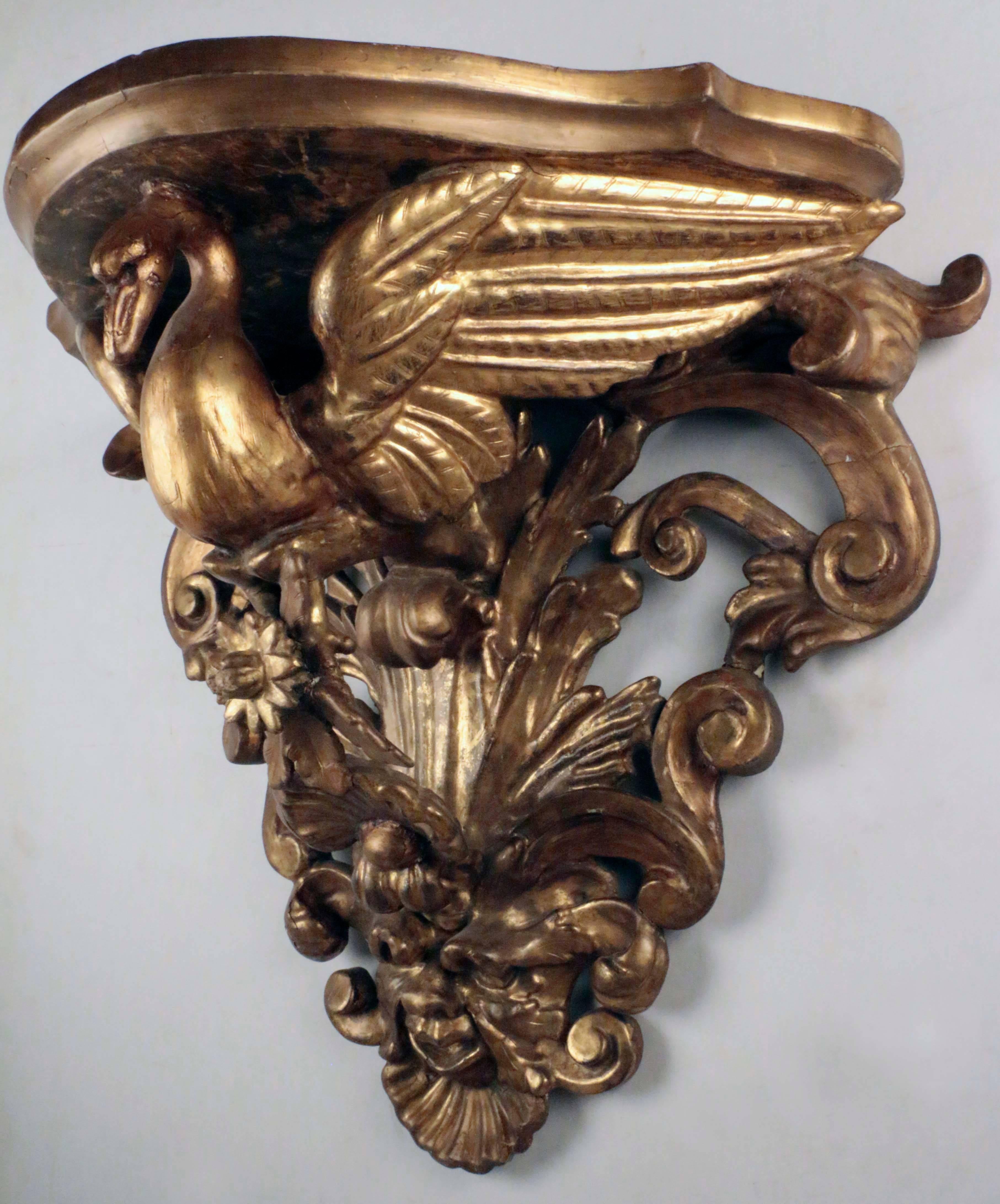 19th Century Pair of  Antique Italian Giltwood Wall Brackets, Modelled as Ho Ho birds For Sale