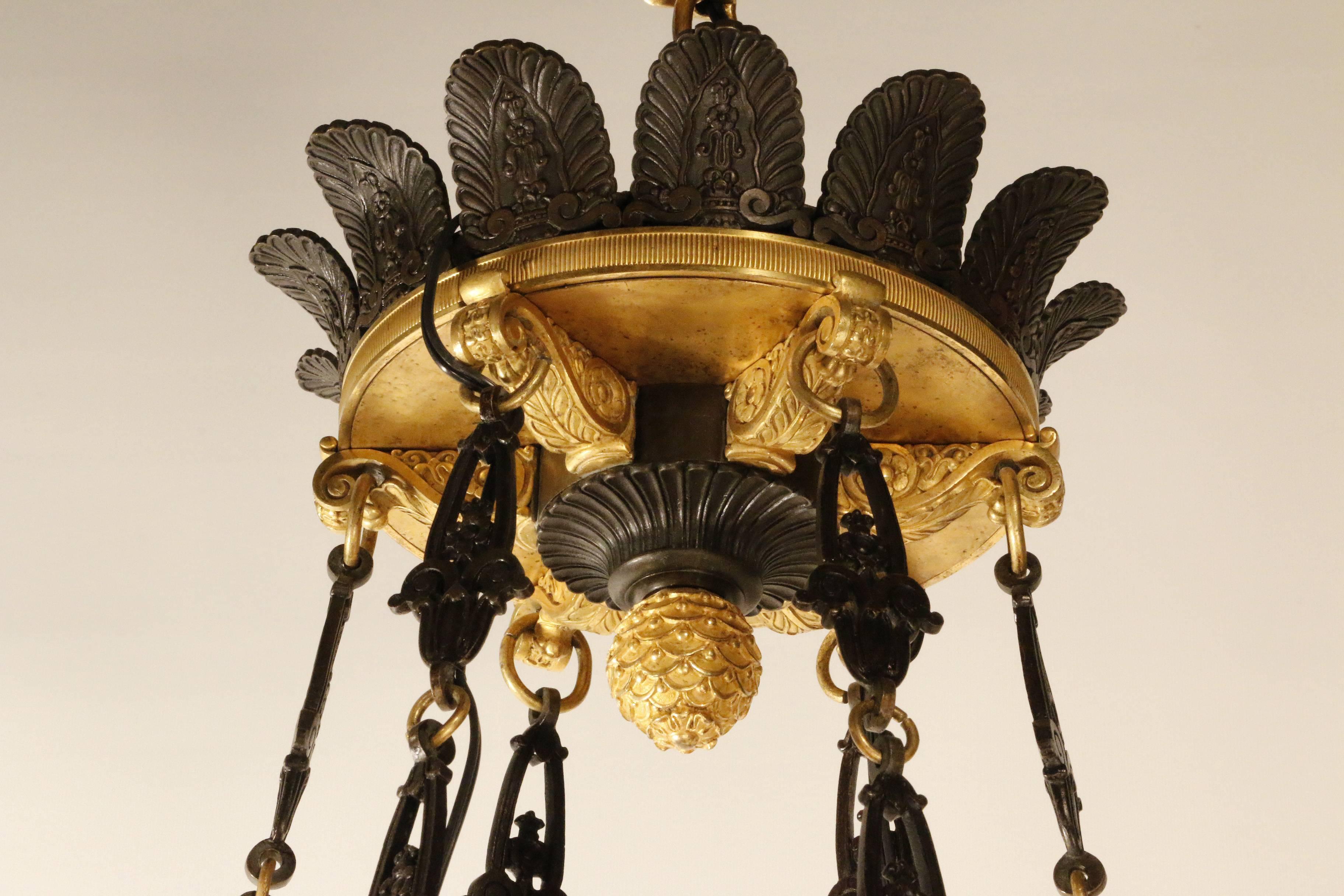 Empire Eighteen-Light Bronze and Ormolu Chandelier For Sale 1
