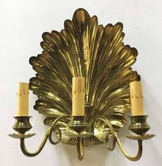 Pair of Victorian Shell Backed Three-Arm Brass Wall Sconces