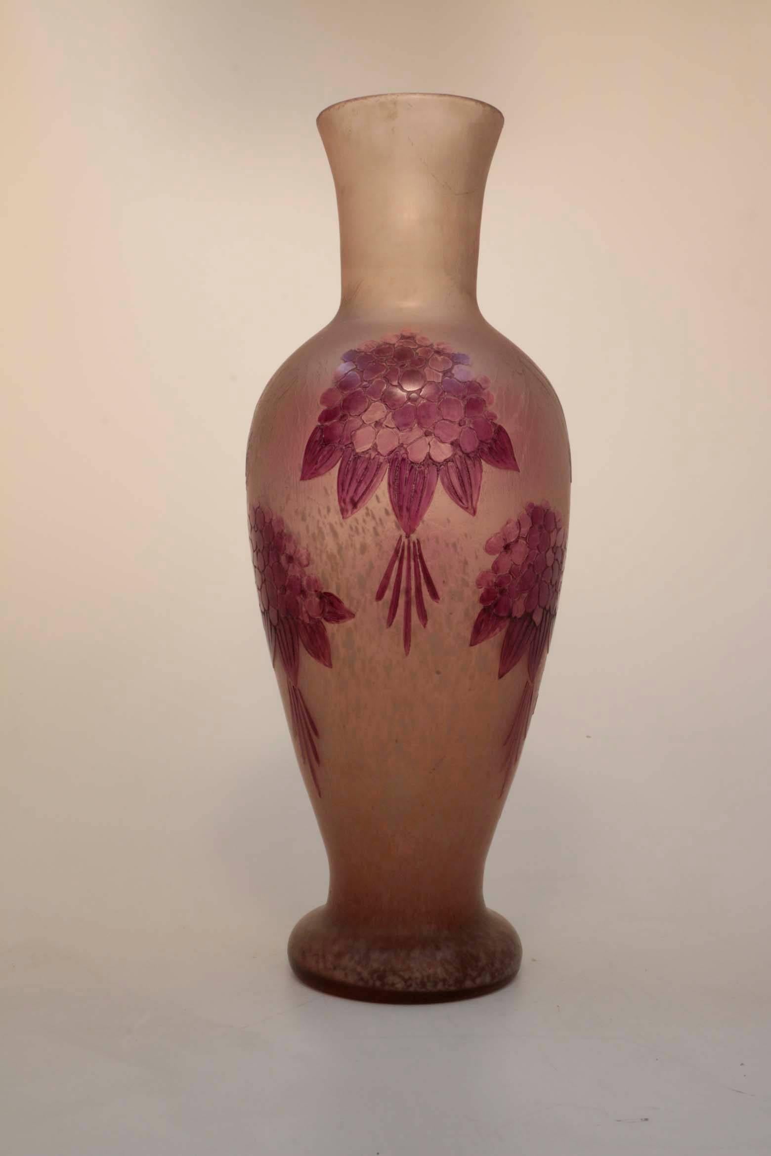 Art Nouveau cameo glass baluster shape vase with ruby enamelled nosegays, mottled white interior on lower half of body, and etched Legras on side.François - Theodore Legras (1839-1916) 