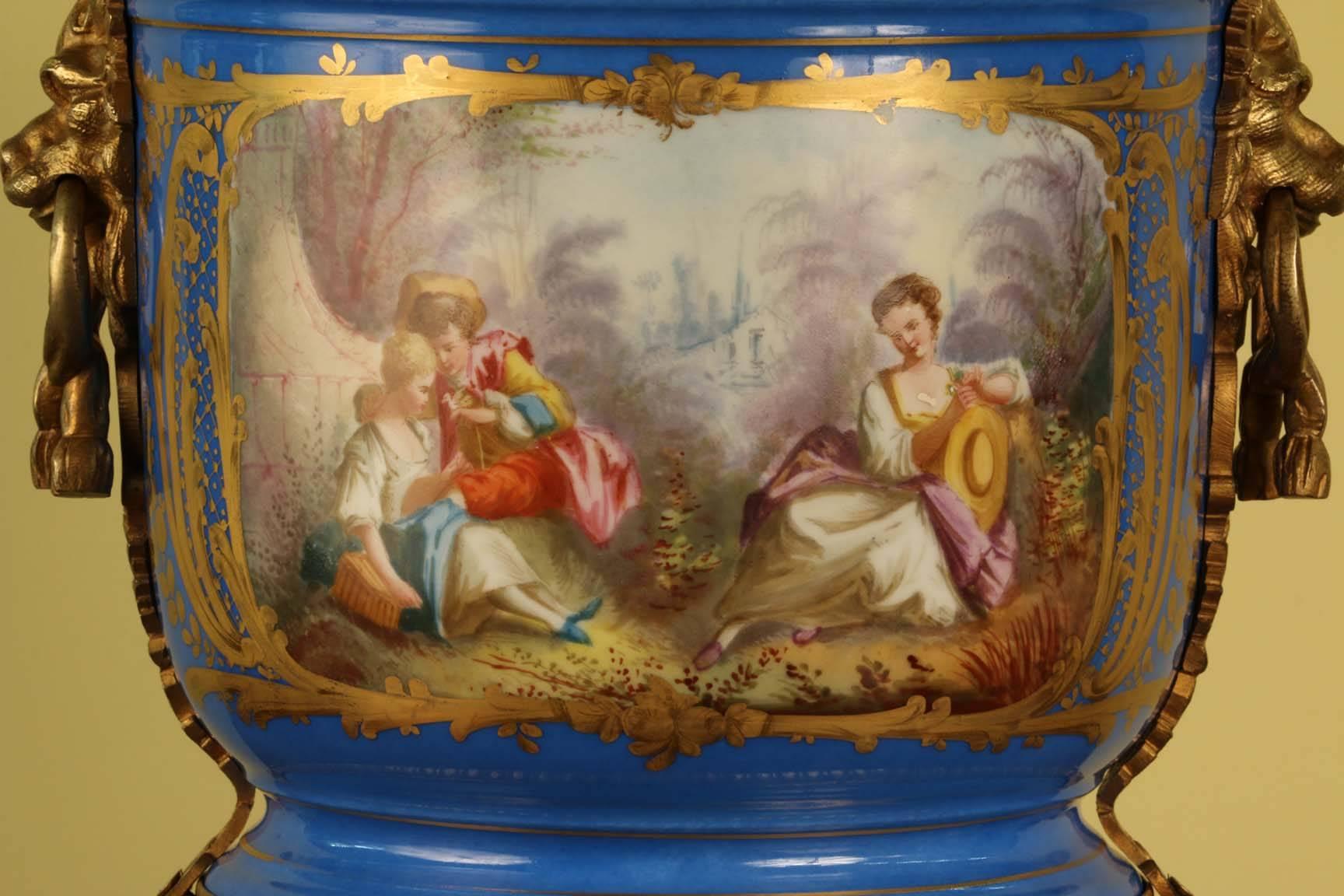 French Sevres Style Gilt Bronze-Mounted Porcelain Cachepot
