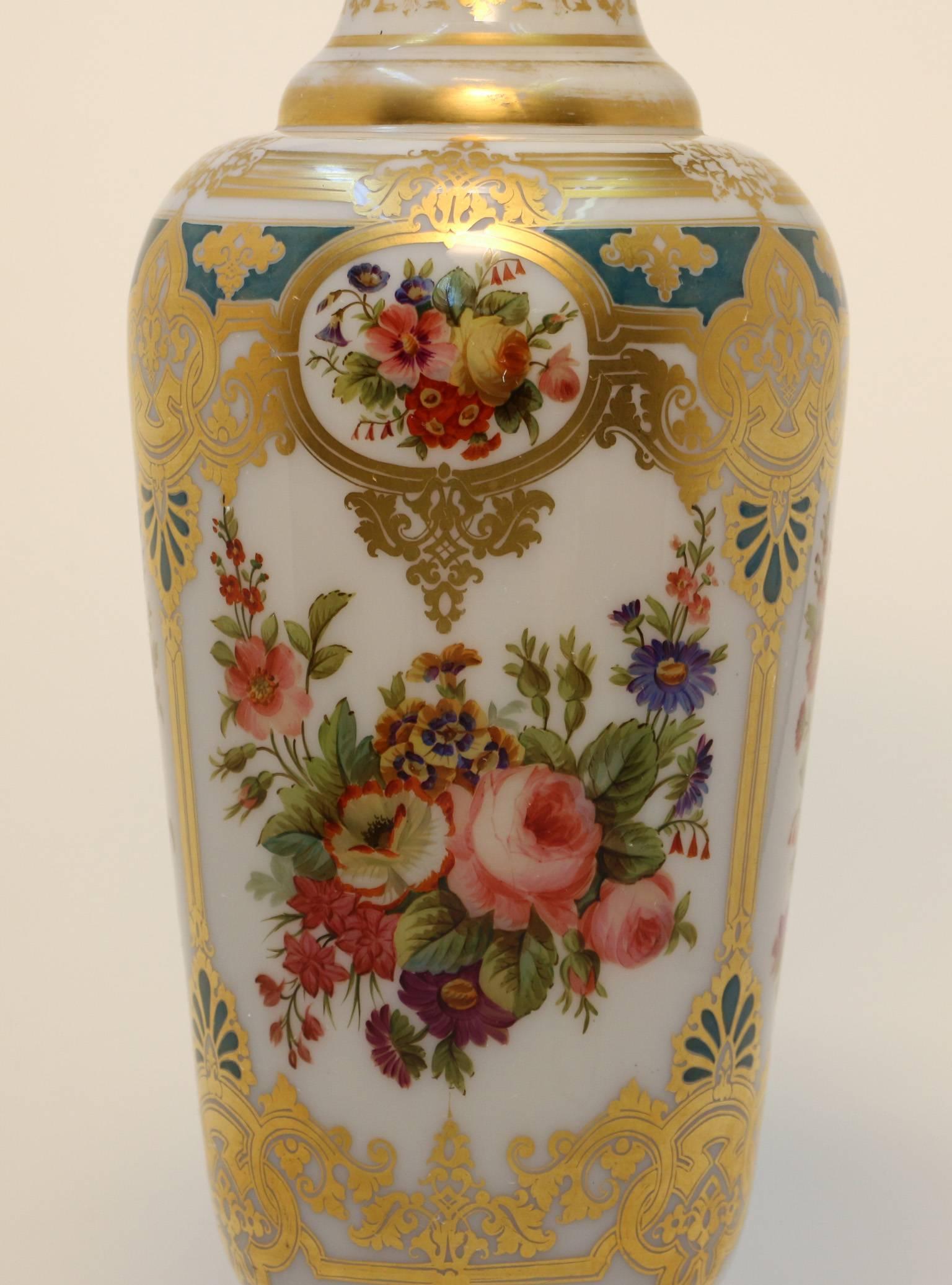 Hand-Painted Superb large French opaline  glass vase, gilt and painted with flowers