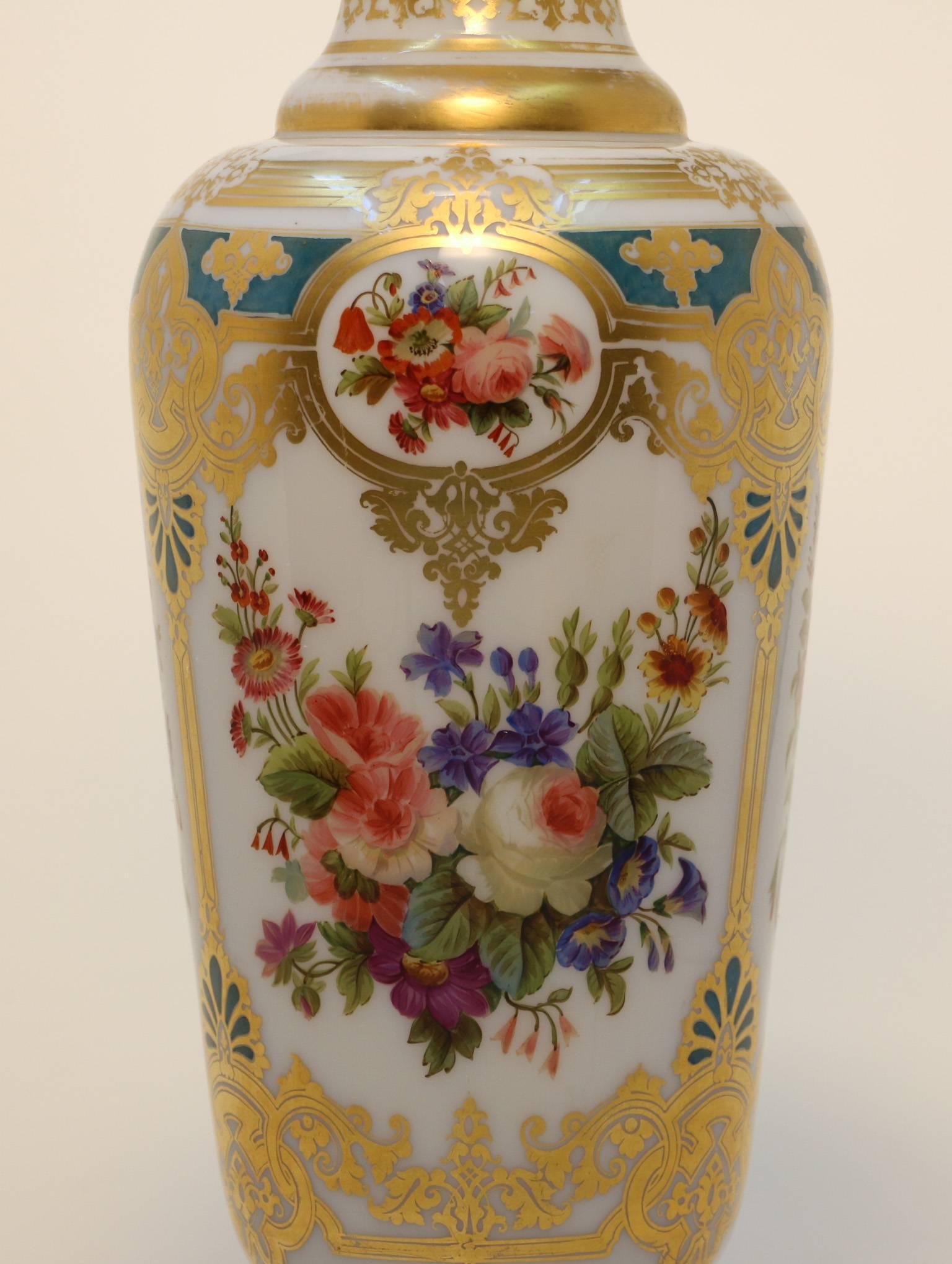 Superb large French opaline  glass vase, gilt and painted with flowers In Excellent Condition In Montreal, QC