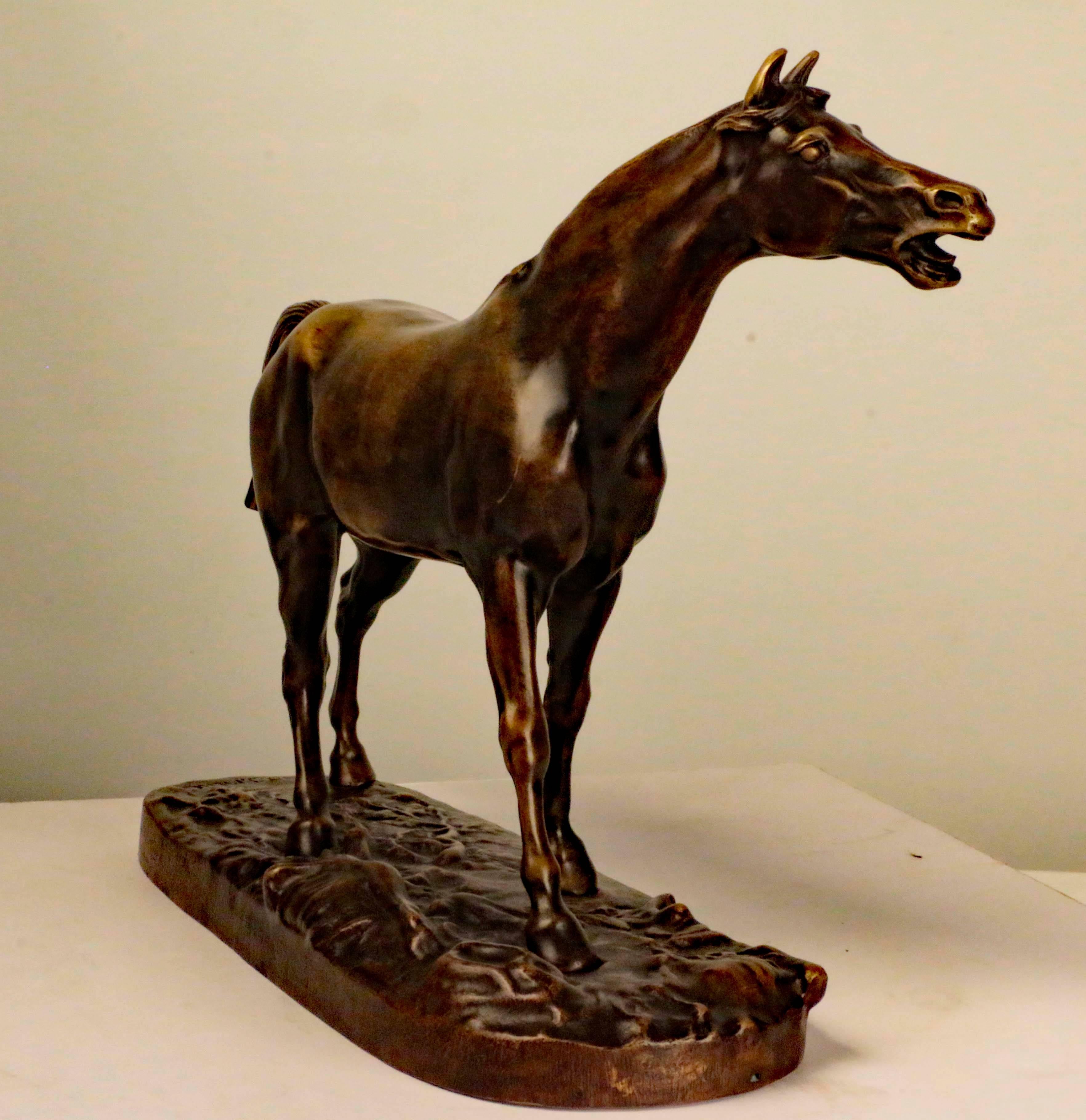Patinated bronze figure of an Arab horse raised on naturalistic base. Signed, P.J. Mêne on base.



Pierre Jules Mêne(1810-1877.)