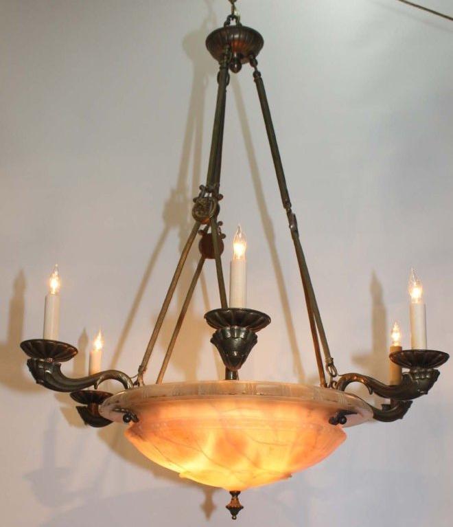Neoclassical Style Six light Bronze and Alabaster  Chandelier In Good Condition For Sale In Montreal, QC