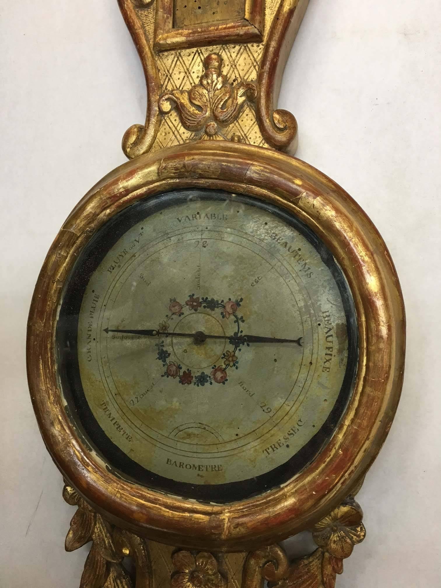 Français thermomètre / baromètre bois doré de style Louis XVI en vente