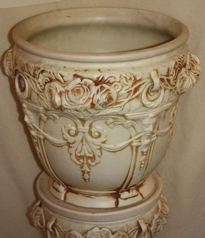 Art Nouveau Pair of Weller Ivory Planters on Stand For Sale