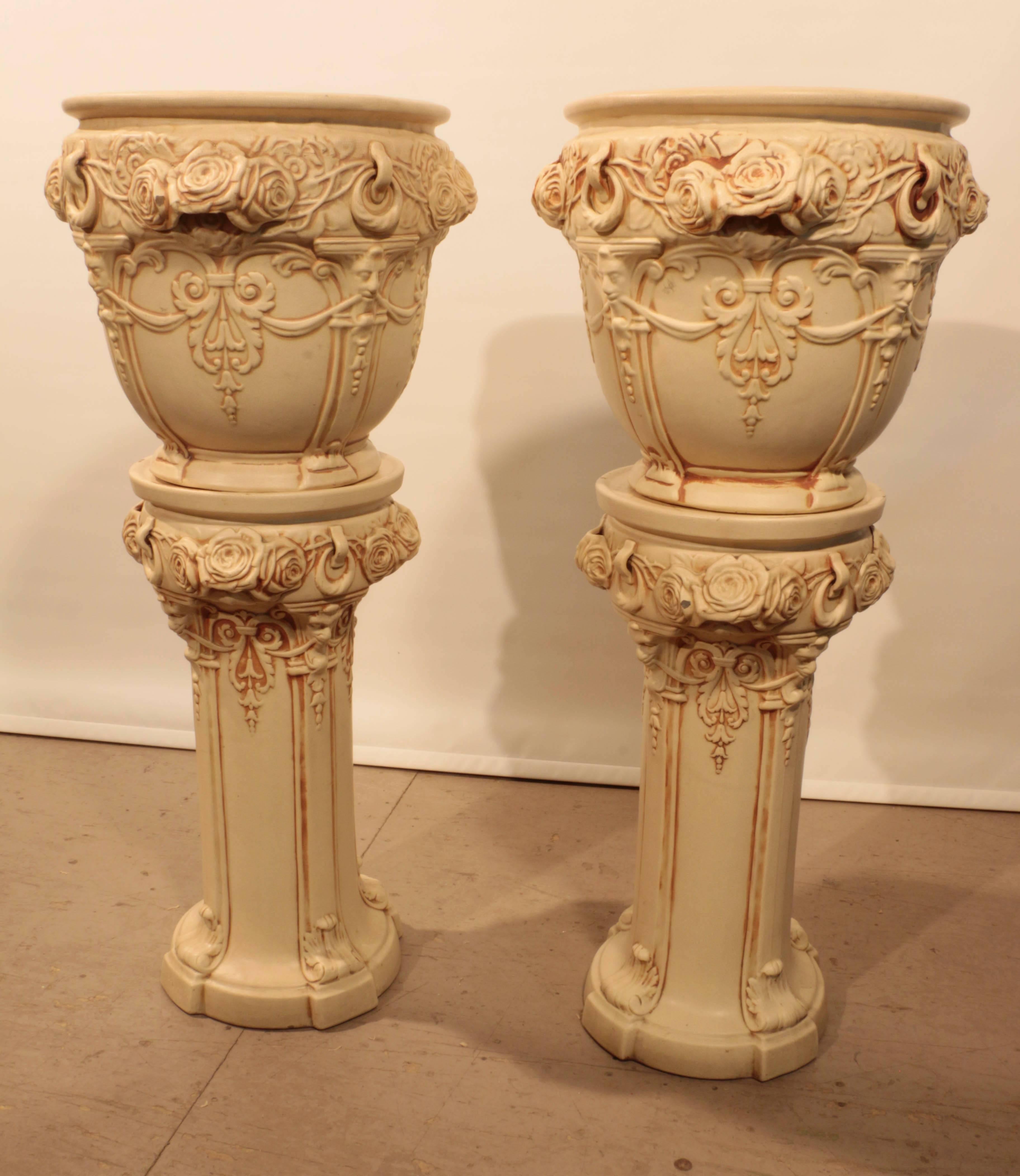 Pair of Weller Clinton Ivory Art Nouveau Jardinaires,  on Stand with Rosebud Design.