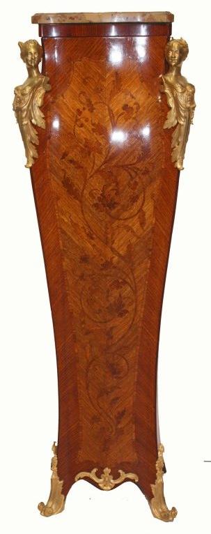 Pair of kingwood and floral marquetry serpentine form pedestals with conforming top in brêche d'alep marble, with gilt bronze mountings. No signature, but in the style of and the quality of, François Linke.