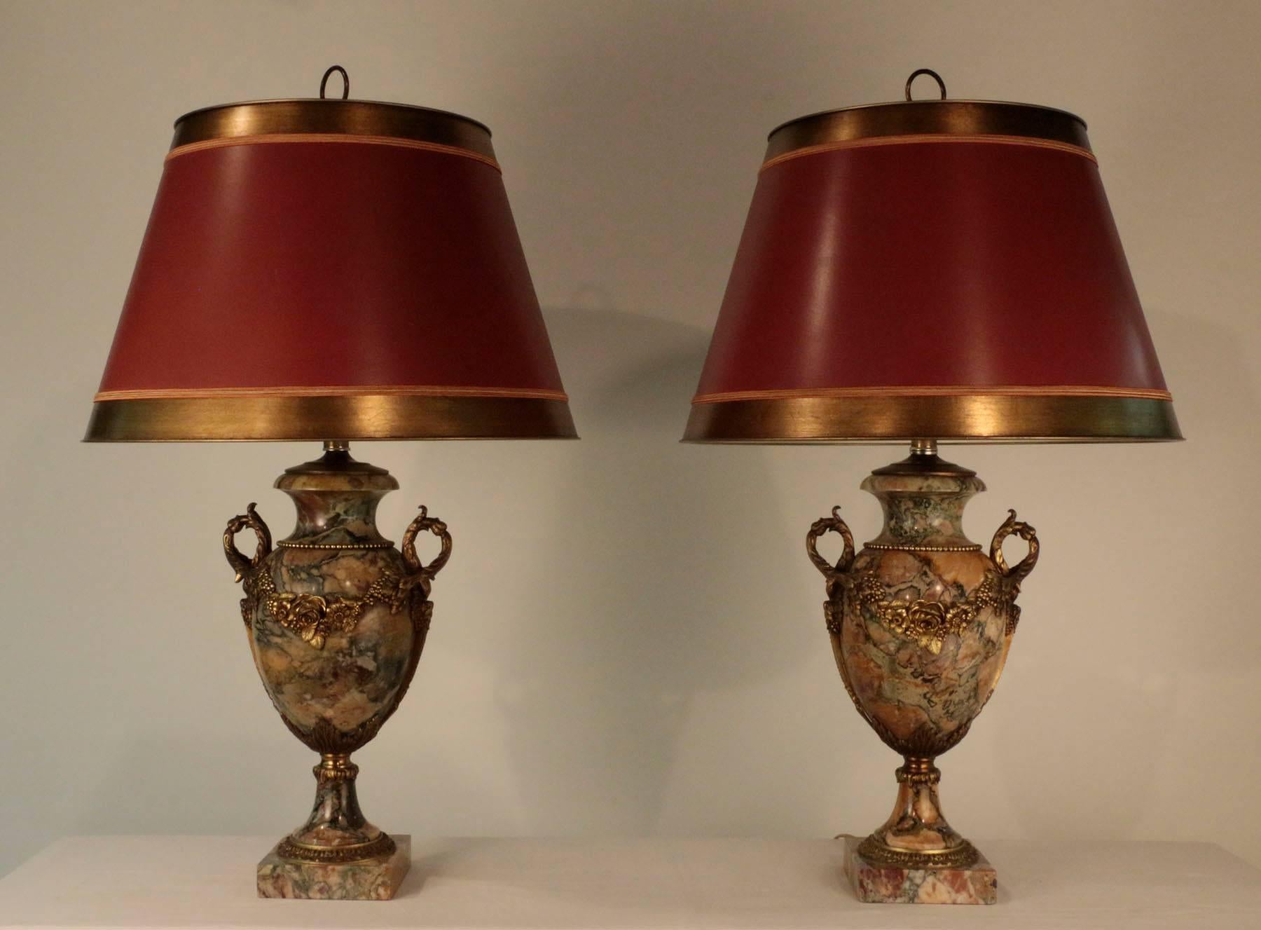 19th Century Pair of Louis XVI Style Bronze and Marble Urns, now mounted as lamps For Sale