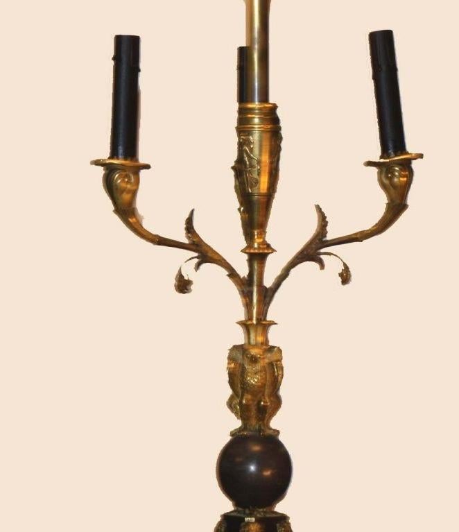 Patinated Pair of  French Empire Period  Four Light Bronze Candelabra For Sale