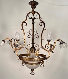 Antique French Chandelier, Bronze & Frosted Glass, Art Nouveau, 1880