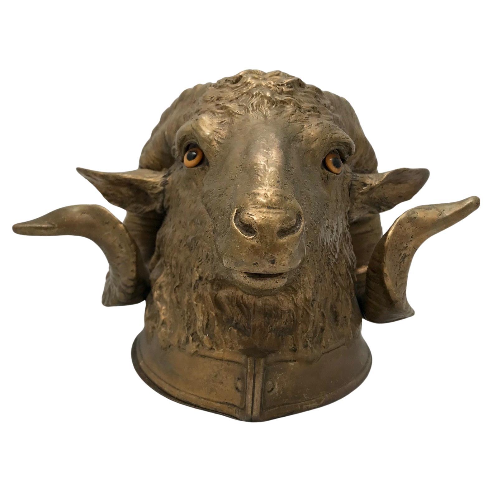 Bronze Inkwell Modelled as Ram's Head For Sale