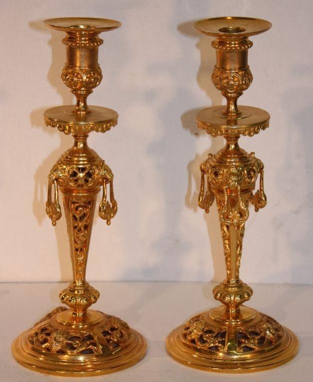 19th Century Pair of French Renaissance Revival Gilt Brass Candlesticks For Sale