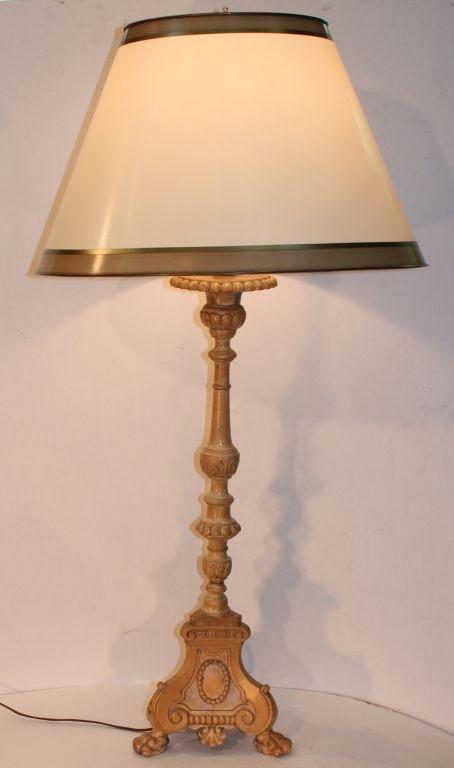 Pair of Quebec turned and carved maple pricket candlesticks, on tripodal bases, later adapted to electricity and fitted with custom parchment shades.