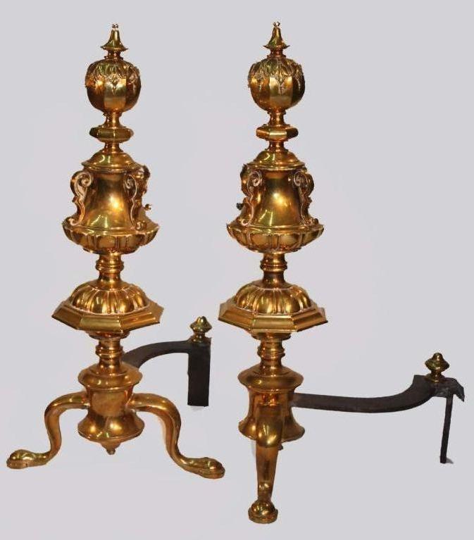 English Pair of Renaissance Revival Brass Andirons For Sale