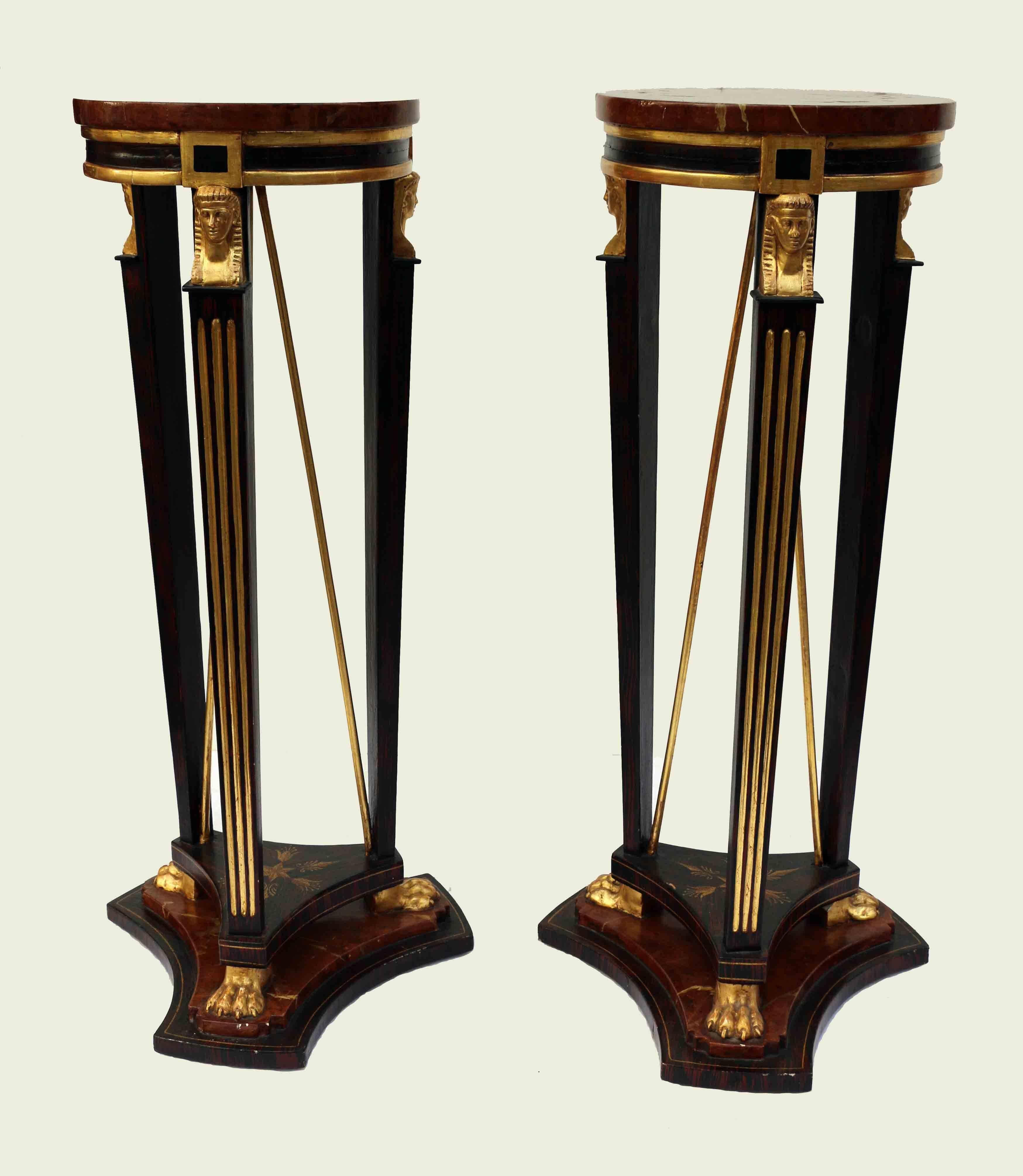 Pair of Italian Empire Style Faux Wood and Marble Pedestal Stands 2