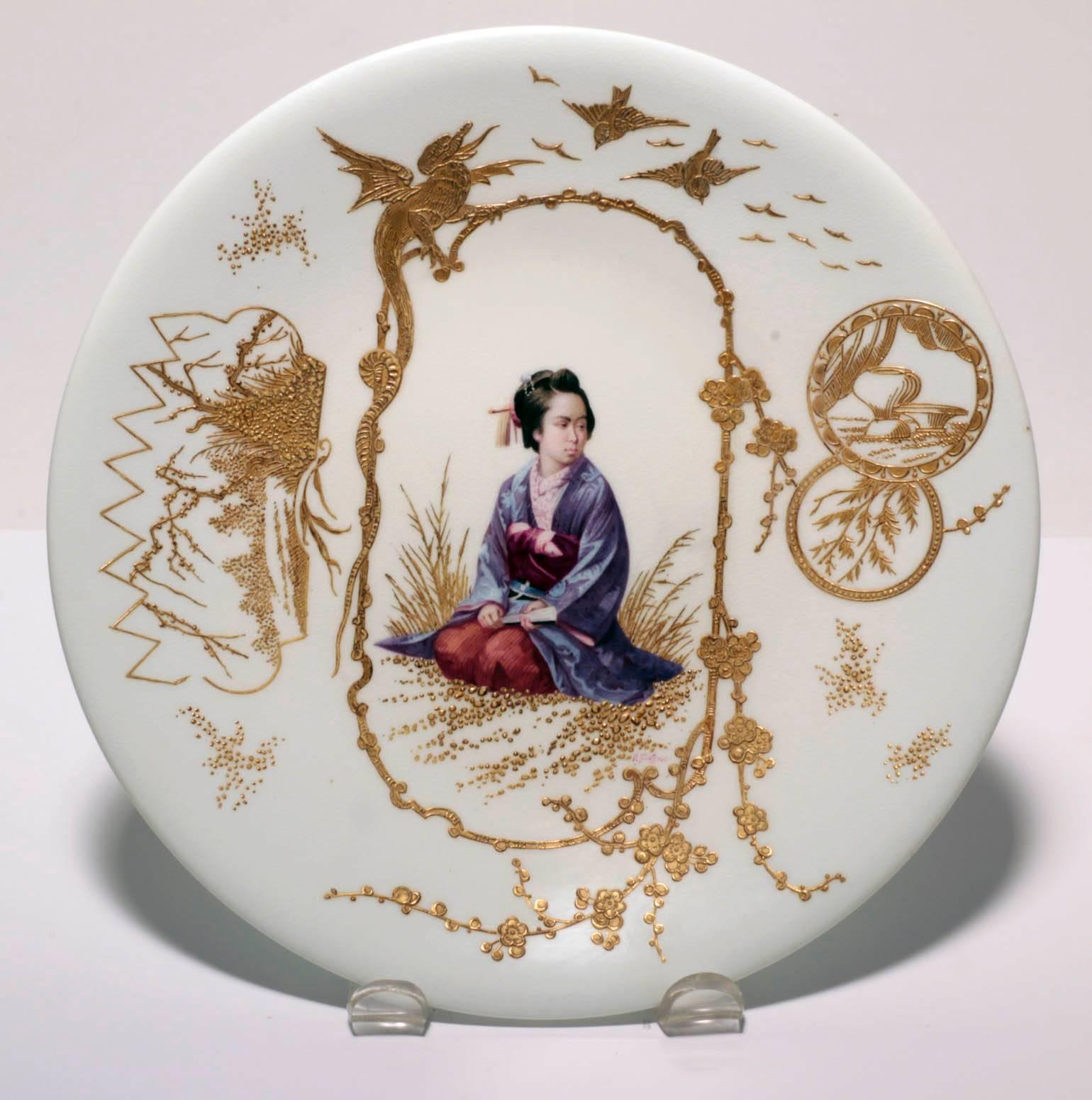 Polychromed 10 French Porcelain Japonaiserie Cabinet Plates Depicting Various Occupationss