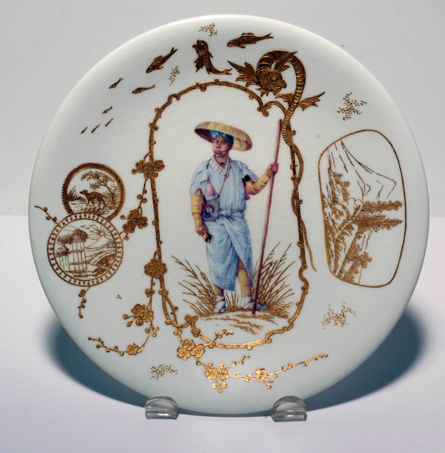 10 French Porcelain Japonaiserie Cabinet Plates Depicting Various Occupationss In Excellent Condition In Montreal, QC