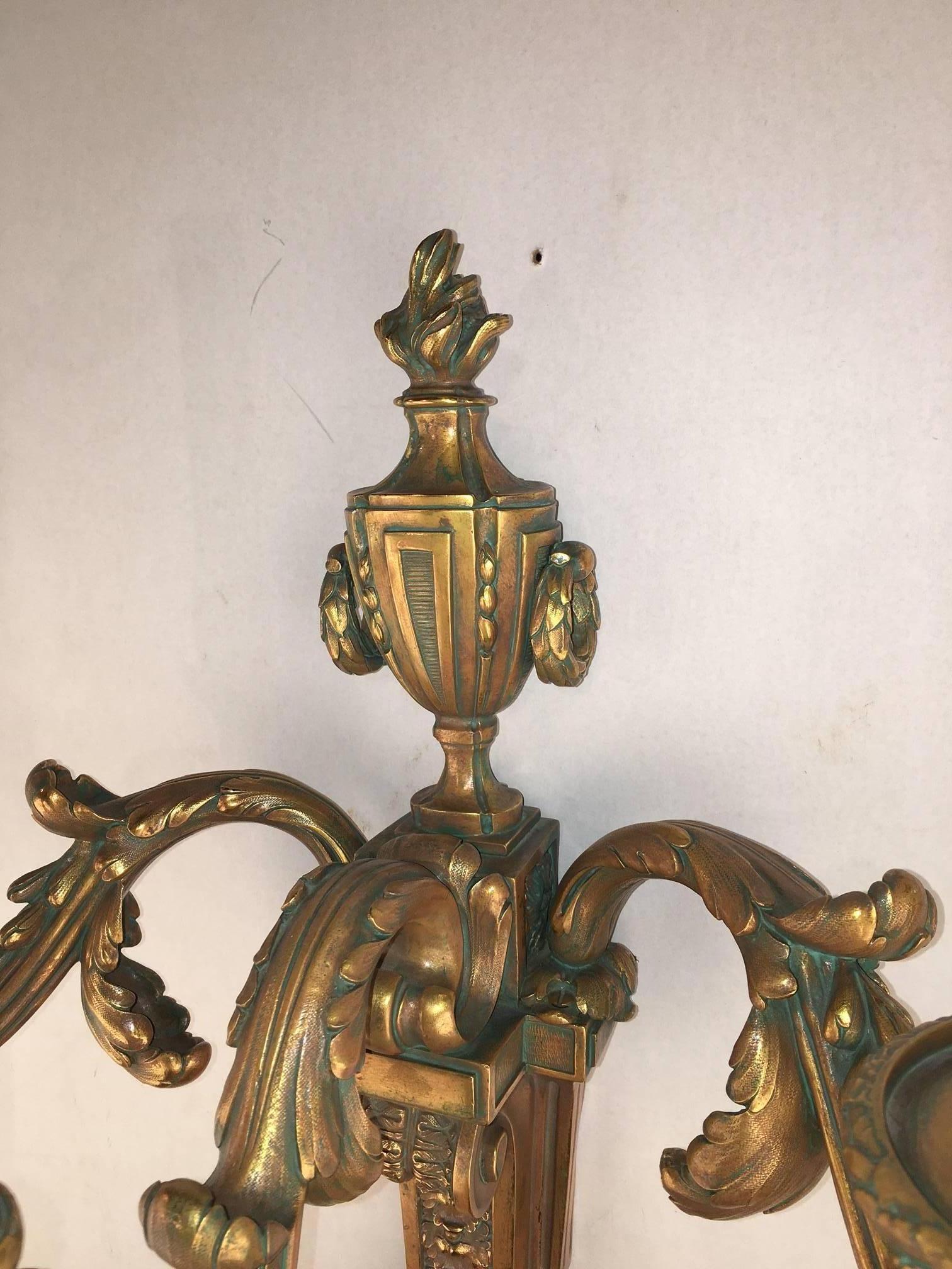 French Pair of Louis XVI Style Three-Light Wall Sconces For Sale